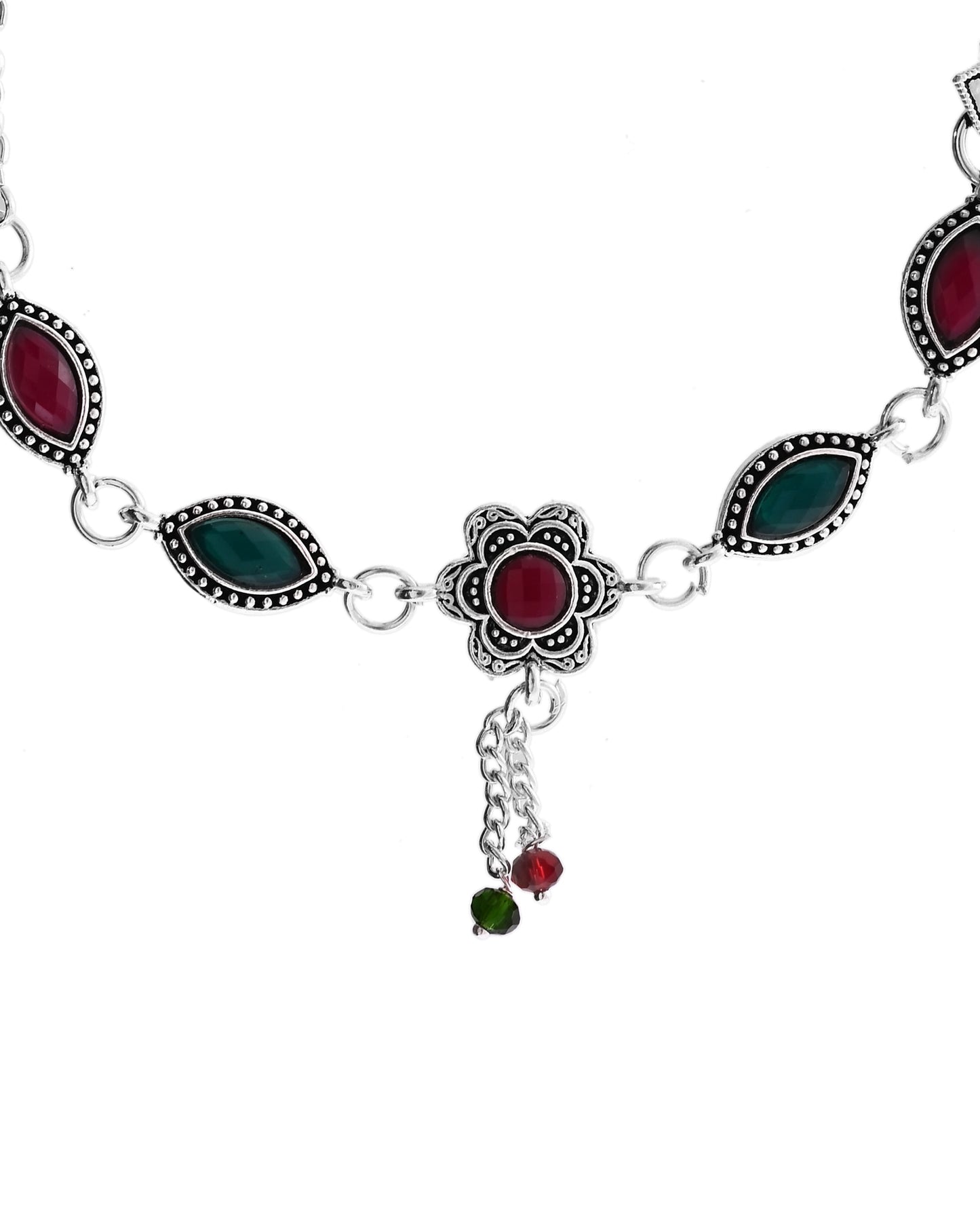 VOJ Set of 2 Silver Plated Floral Shaped Stone Studded Anklet - Swadesiicart
