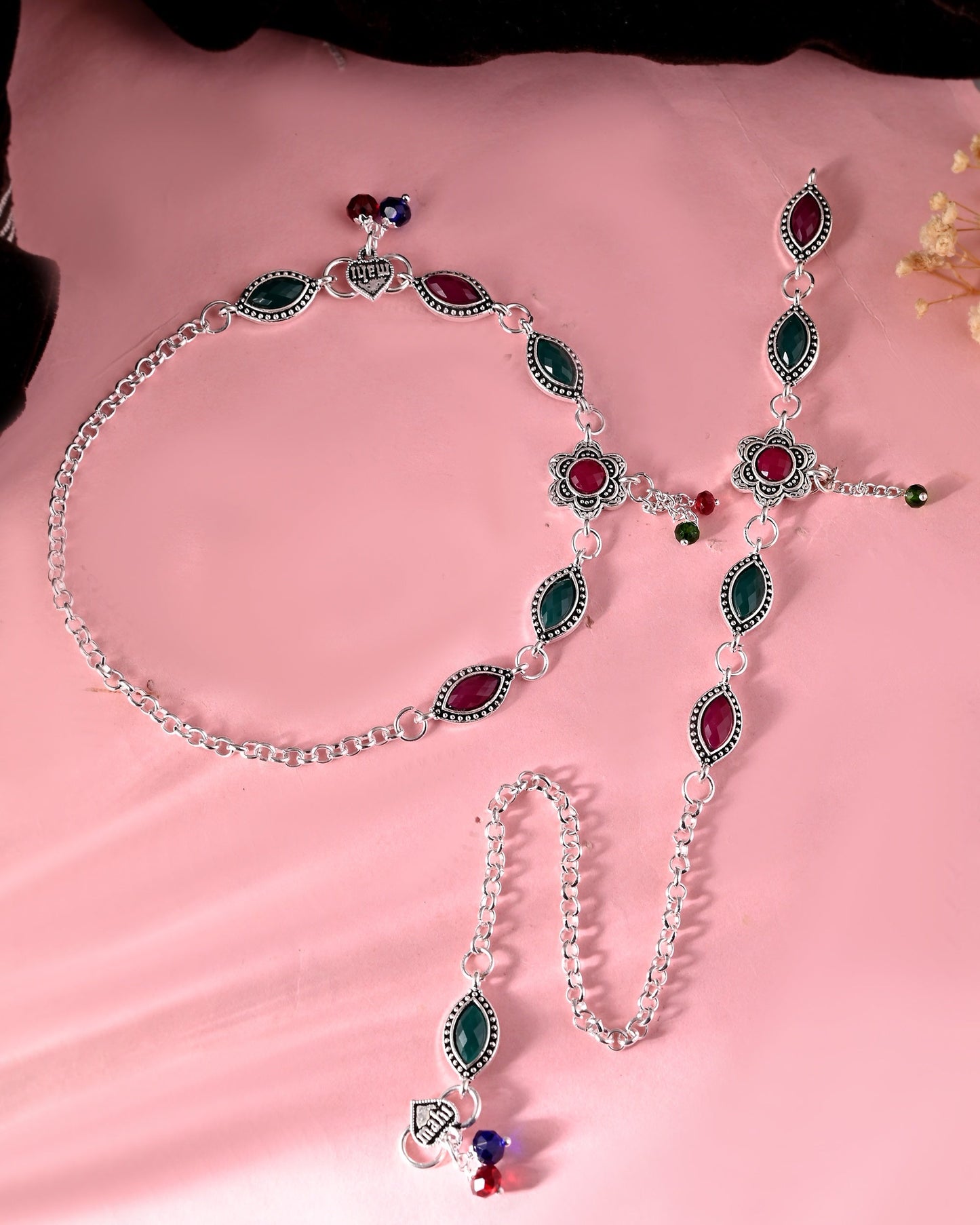 VOJ Set of 2 Silver Plated Floral Shaped Stone Studded Anklet - Swadesiicart