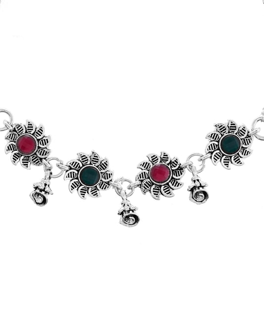 VOJ Set of 2 Silver Plated Floral Designed Stone Studded Anklet - Swadesiicart