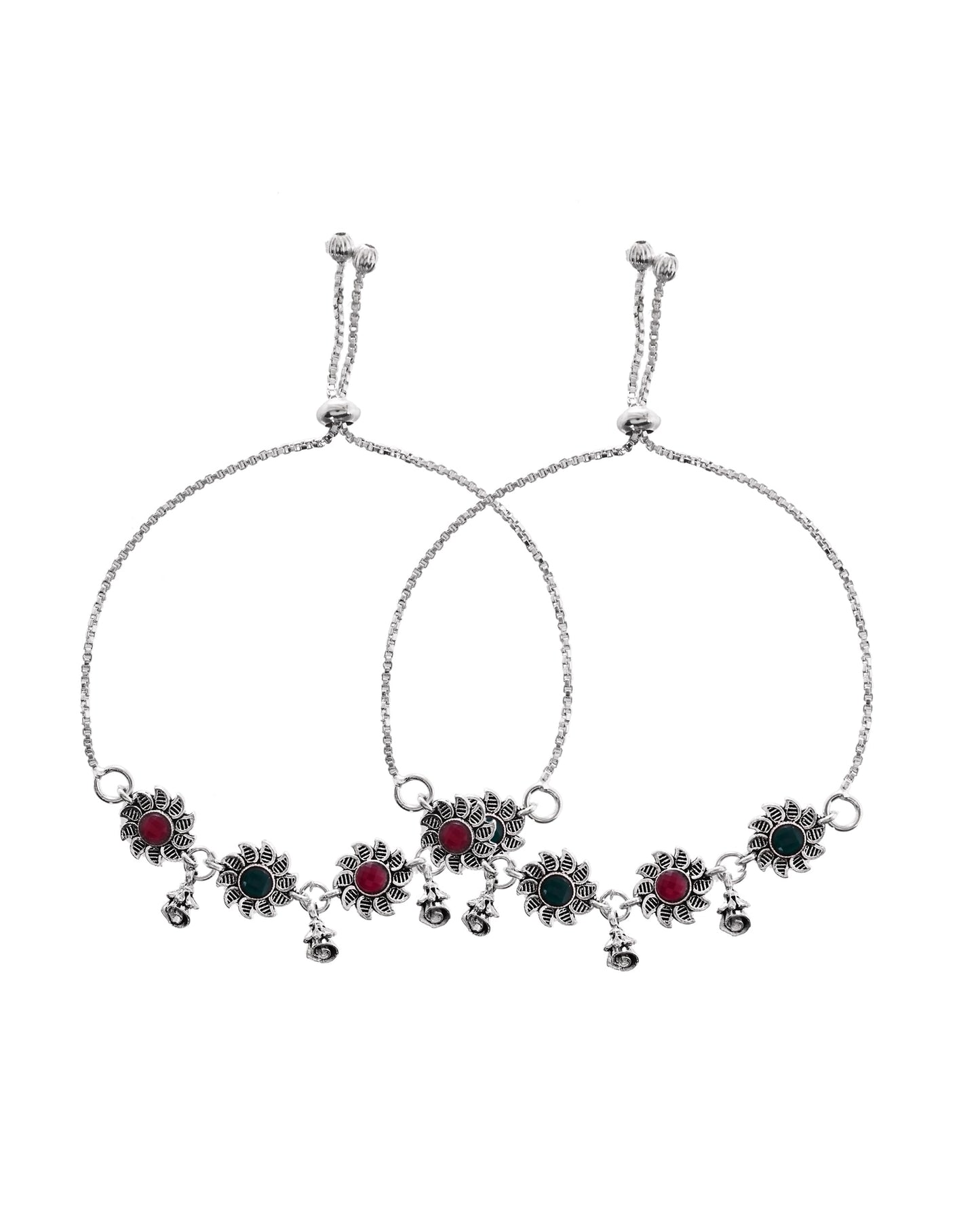 VOJ Set of 2 Silver Plated Floral Designed Stone Studded Anklet - Swadesiicart
