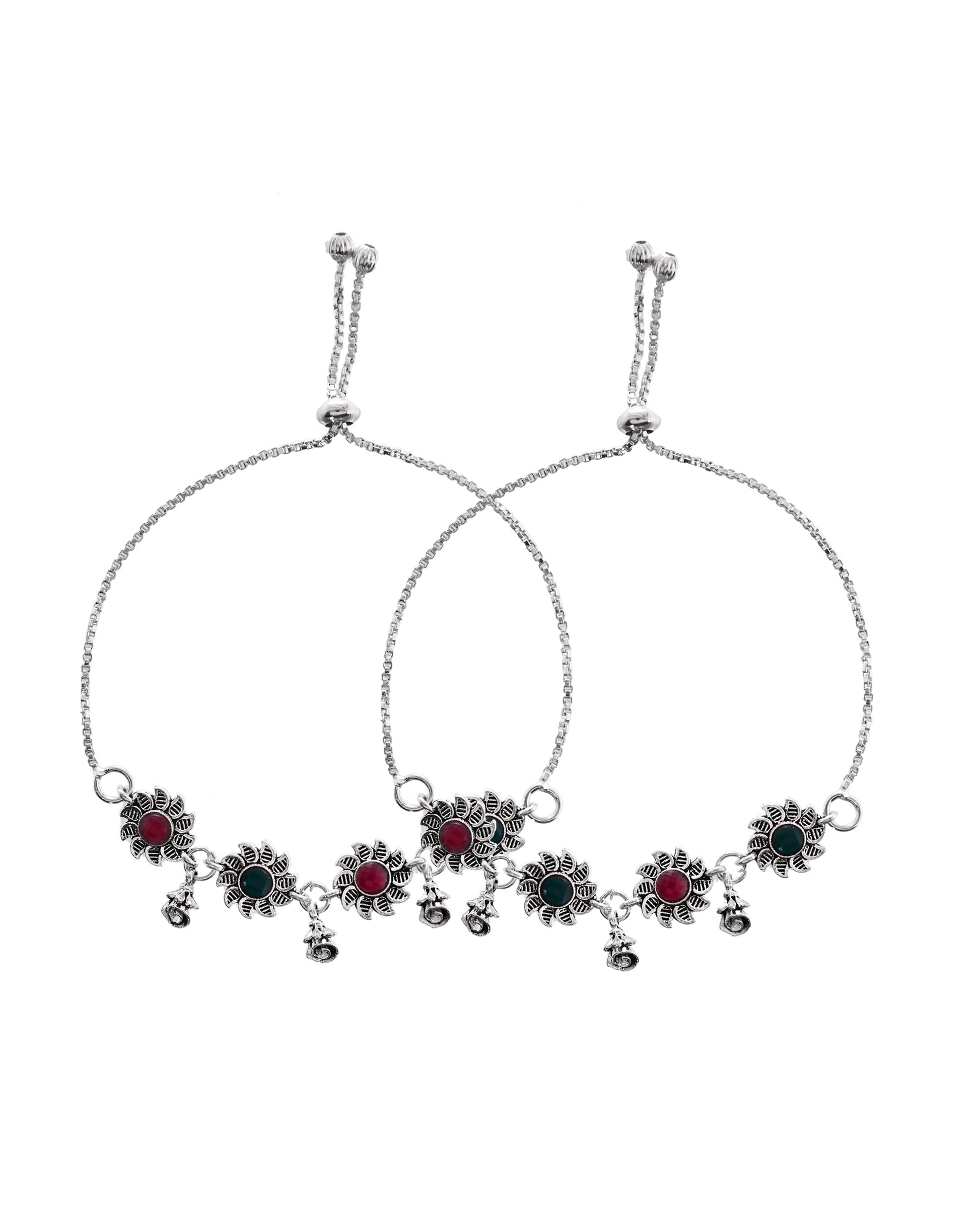 VOJ Set of 2 Silver Plated Floral Designed Stone Studded Anklet - Swadesiicart
