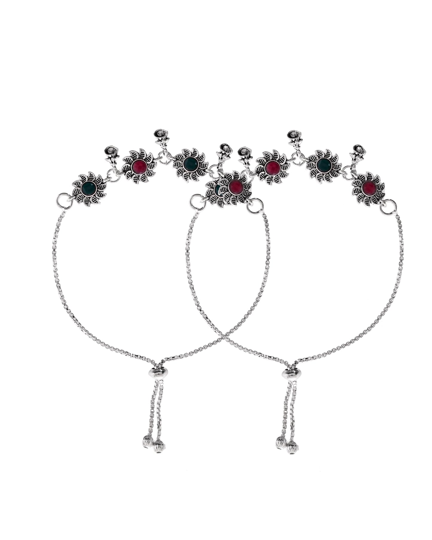 VOJ Set of 2 Silver Plated Floral Designed Stone Studded Anklet - Swadesiicart