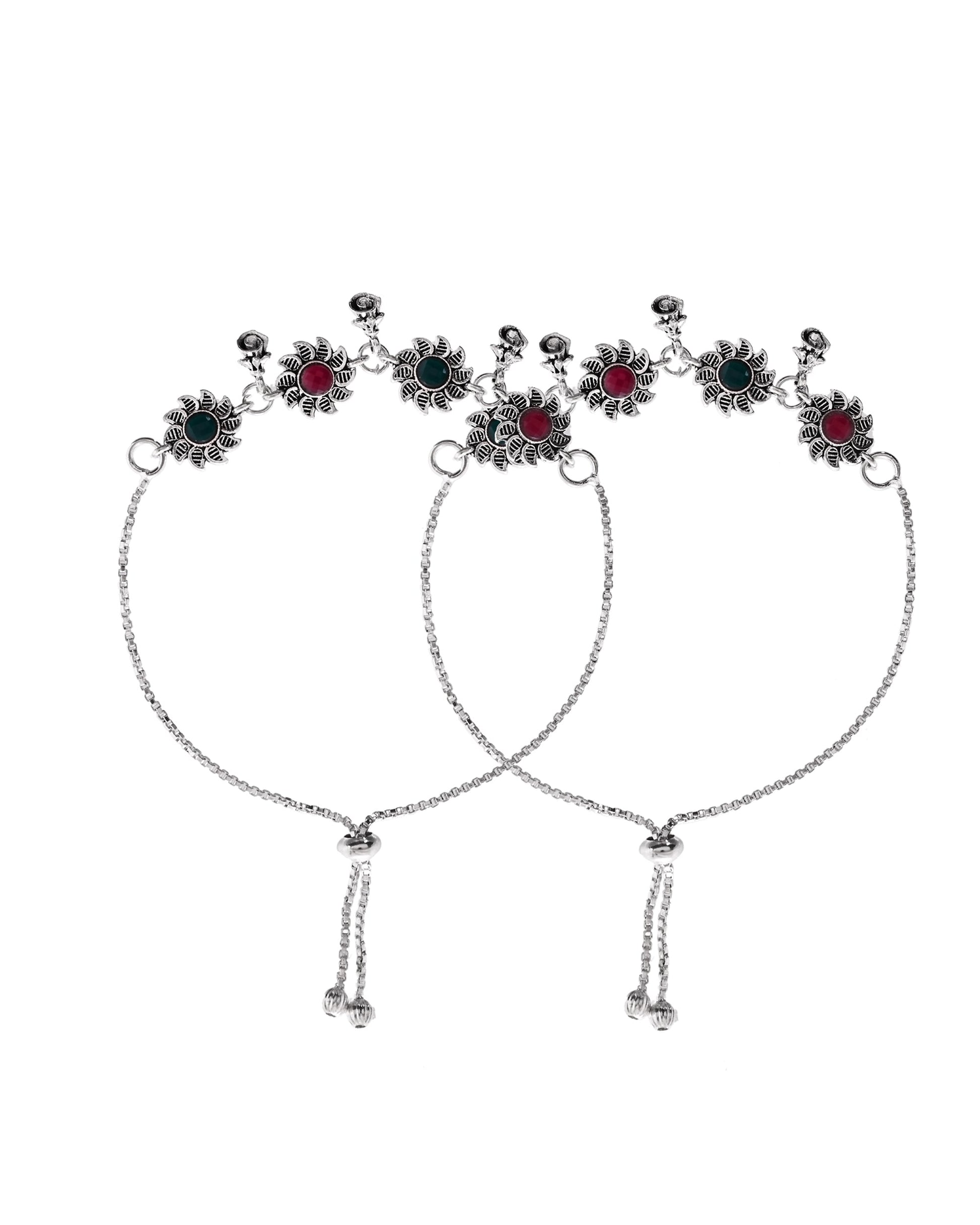 VOJ Set of 2 Silver Plated Floral Designed Stone Studded Anklet - Swadesiicart