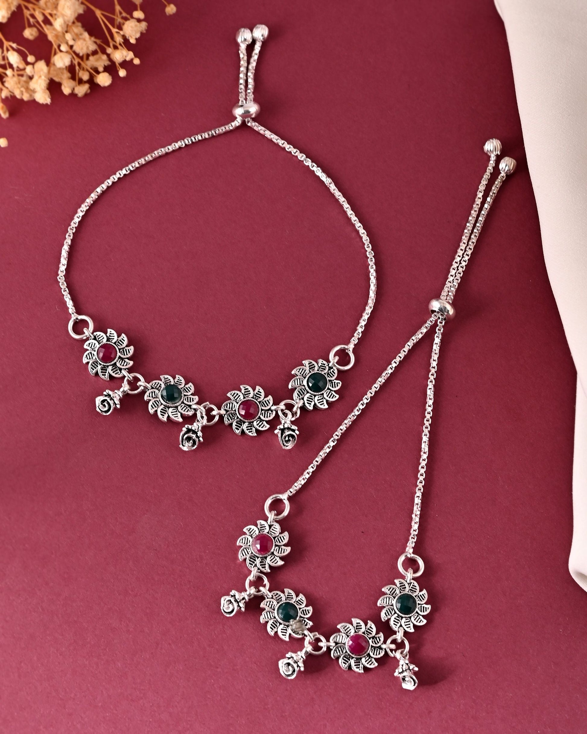 VOJ Set of 2 Silver Plated Floral Designed Stone Studded Anklet - Swadesiicart