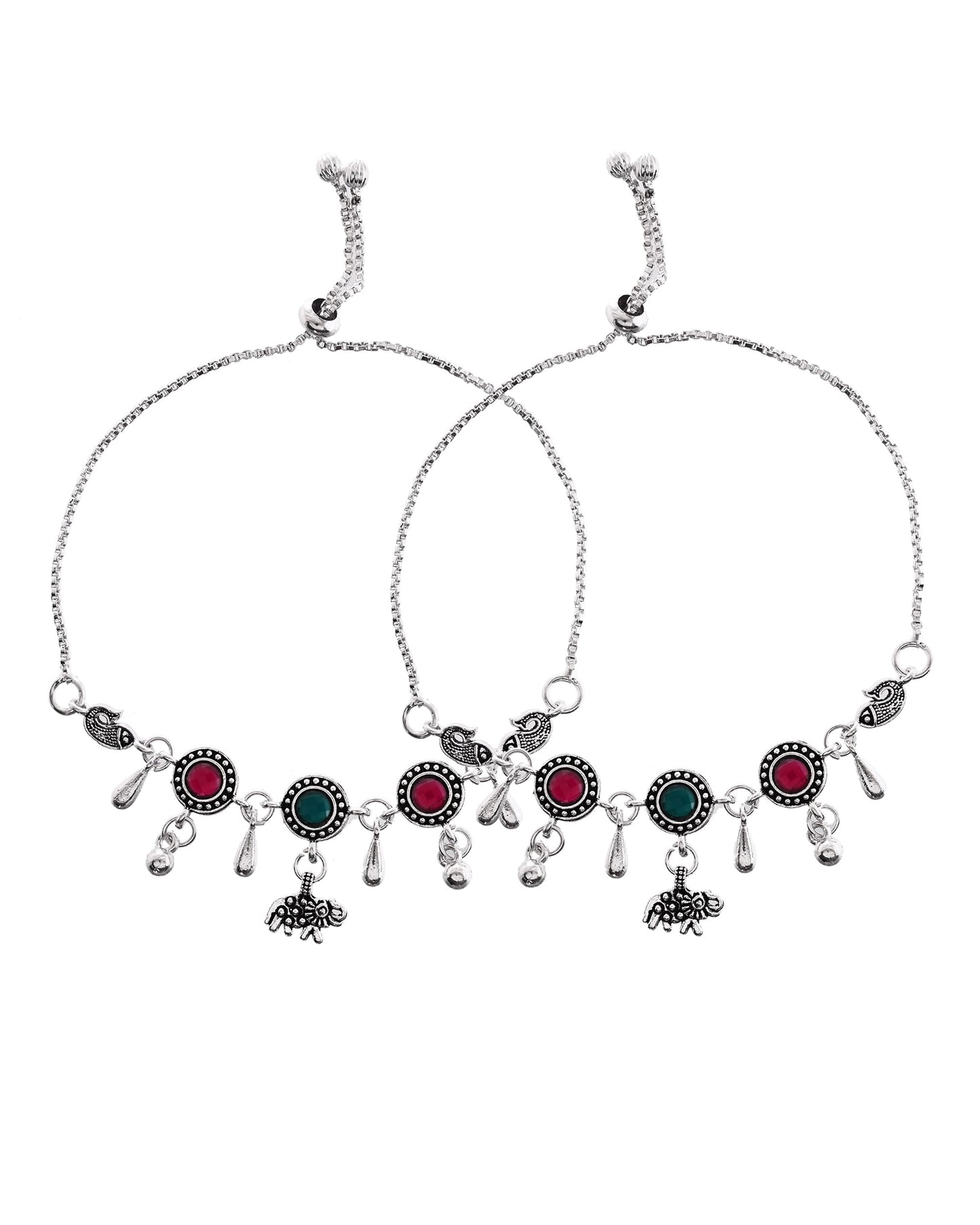 VOJ Set of 2 Silver Plated Stone Studded Designer Anklet - Swadesiicart