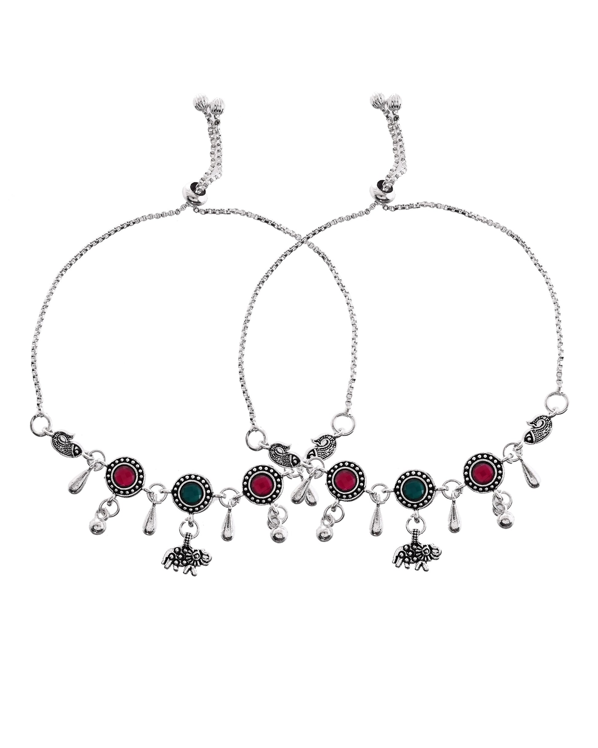 VOJ Set of 2 Silver Plated Stone Studded Designer Anklet - Swadesiicart