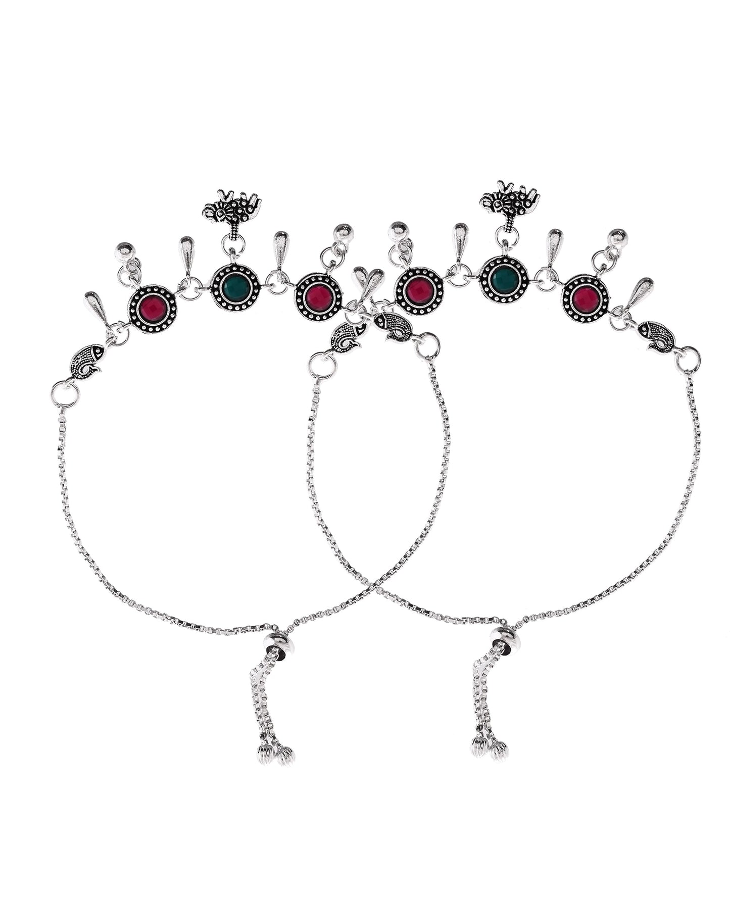 VOJ Set of 2 Silver Plated Stone Studded Designer Anklet - Swadesiicart