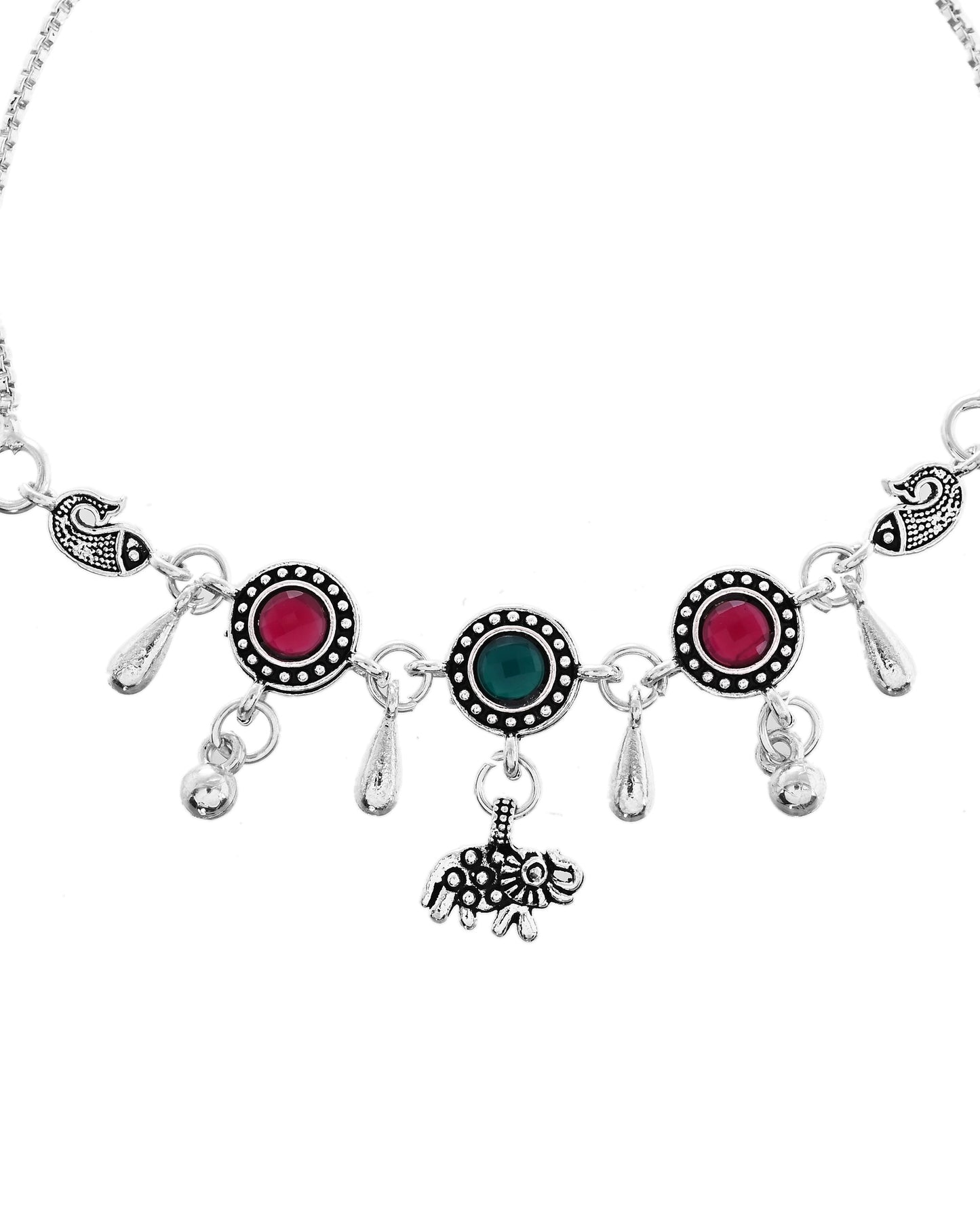 VOJ Set of 2 Silver Plated Stone Studded Designer Anklet - Swadesiicart