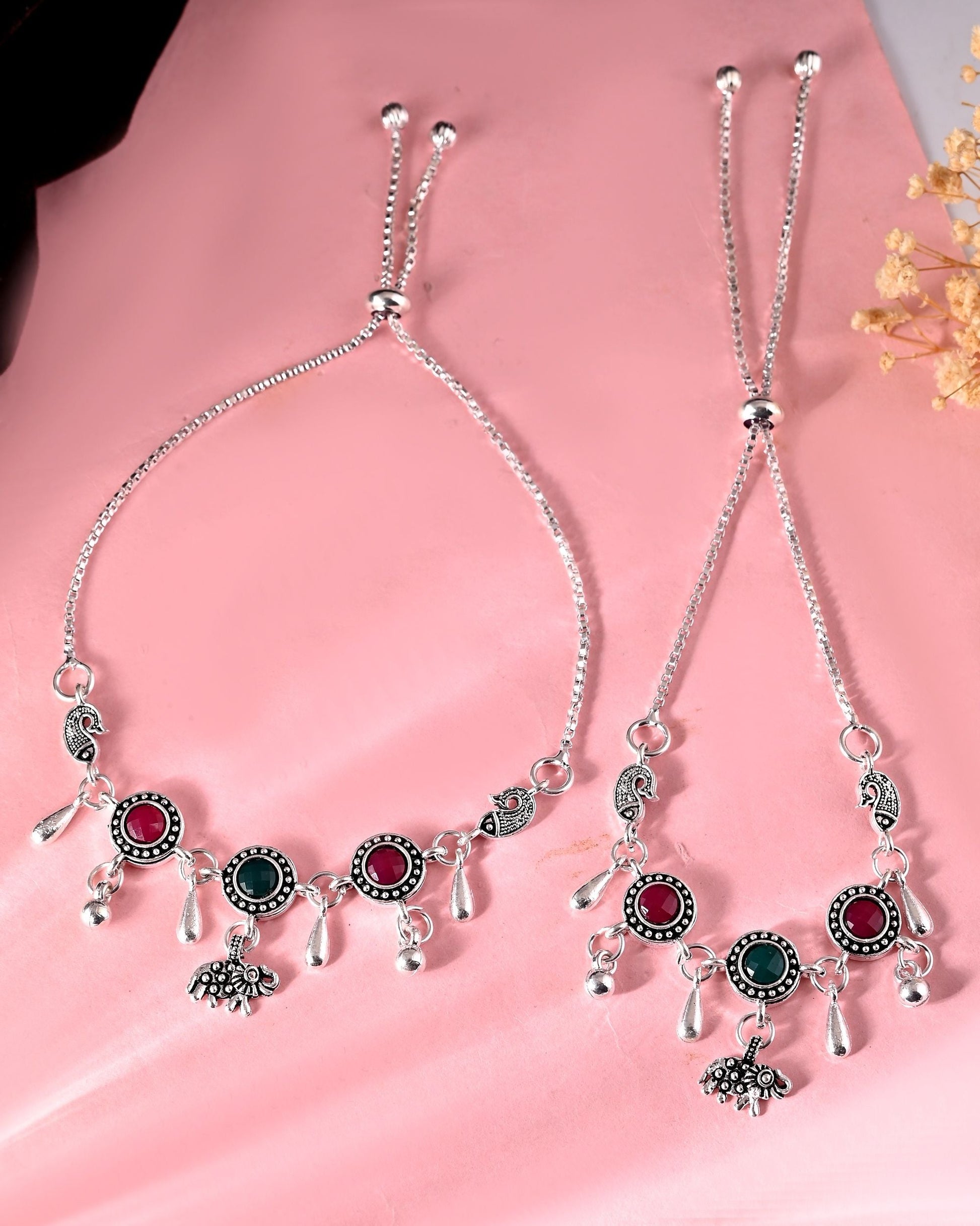 VOJ Set of 2 Silver Plated Stone Studded Designer Anklet - Swadesiicart