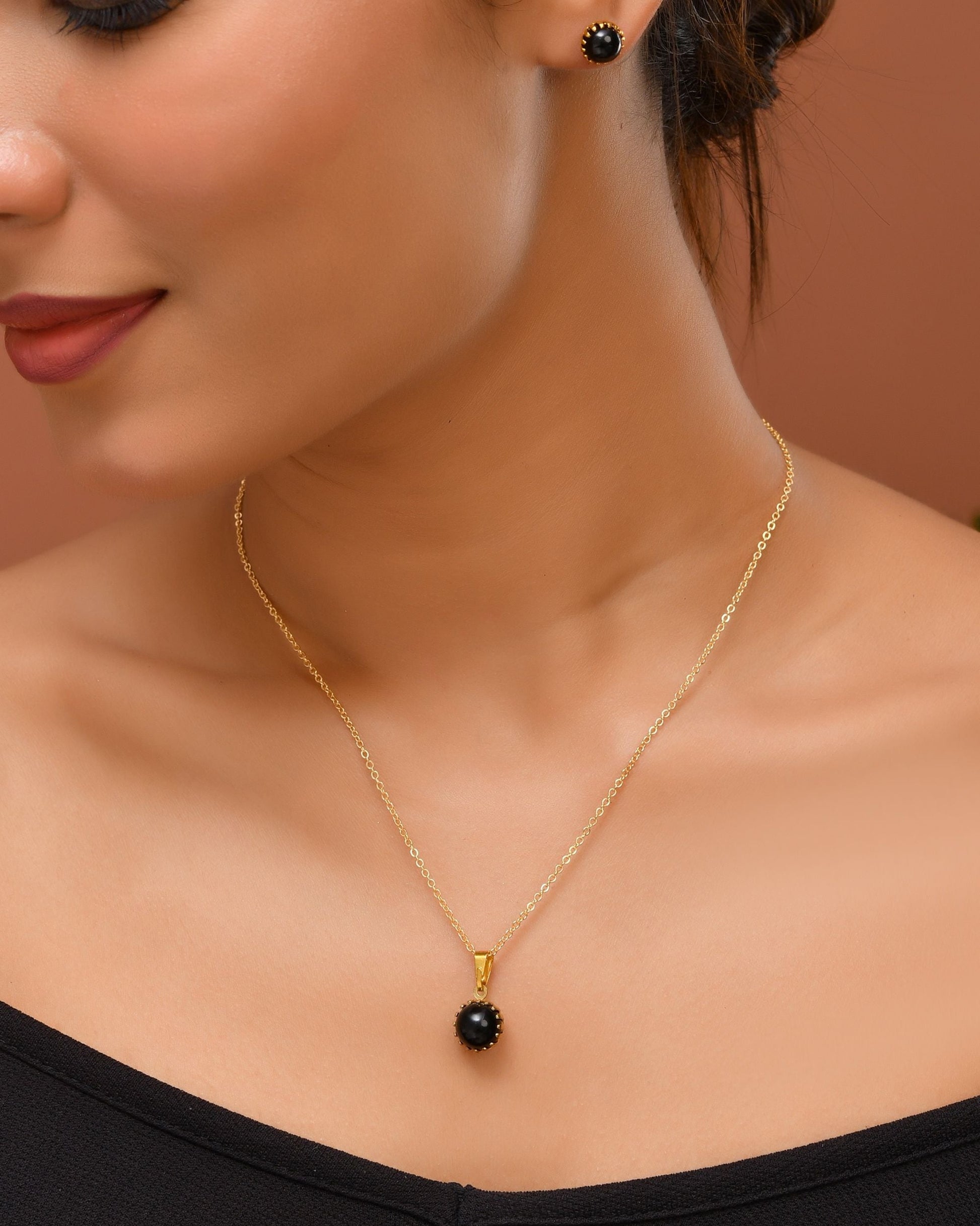 VOJ Gold Polished Stainless Steel Black Pearl Studded Chain Set - Swadesiicart