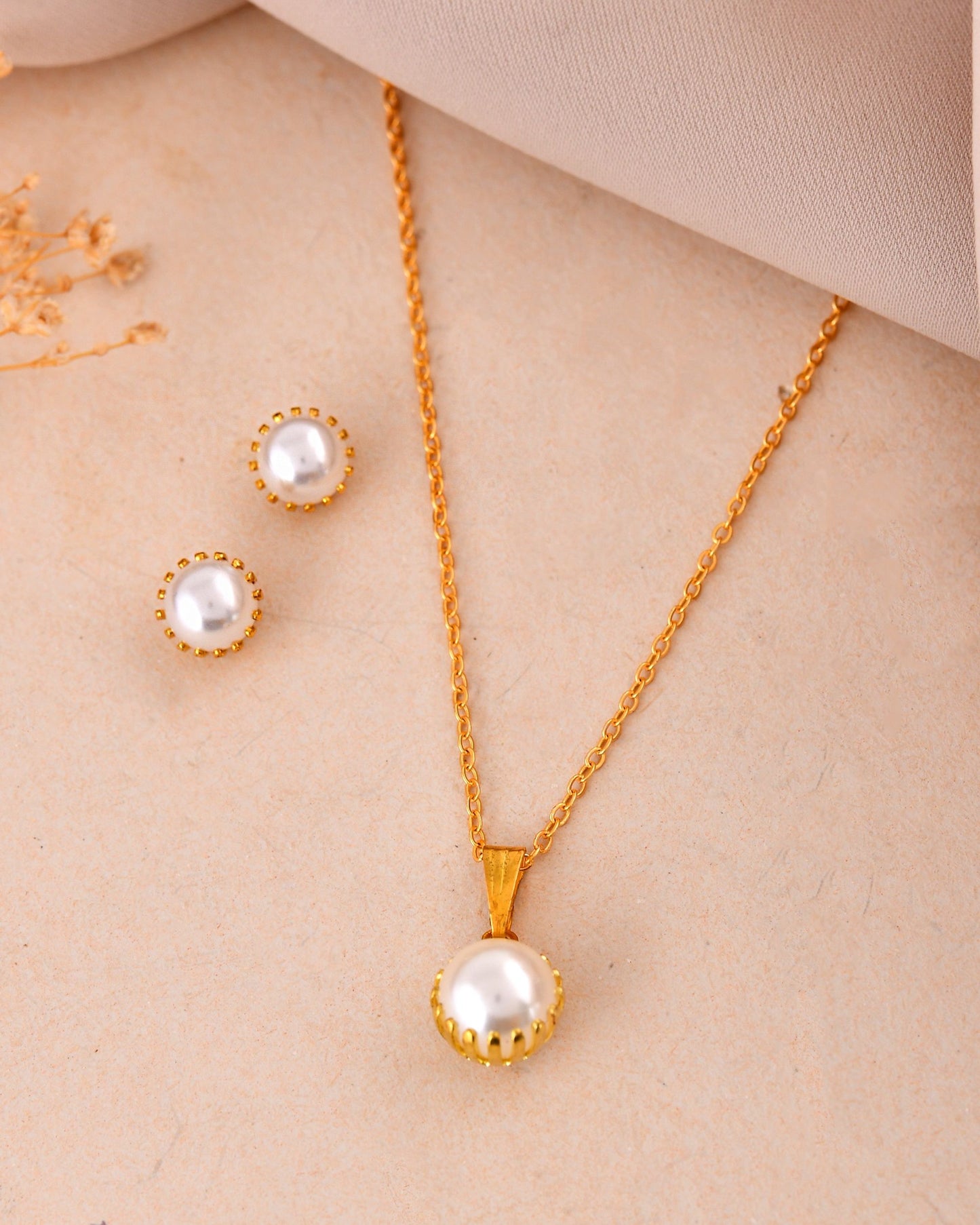 VOJ Gold Polished Stainless Steel White Pearl Studded Chain Set - Swadesiicart