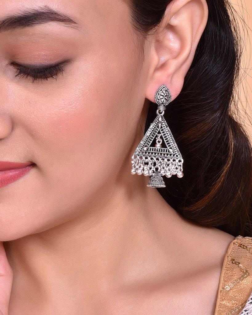 VOJ Studded Triangle Oxidised Silver Plated Contemporary Drop Earrings - VOJ (Valley Of Jewellery)