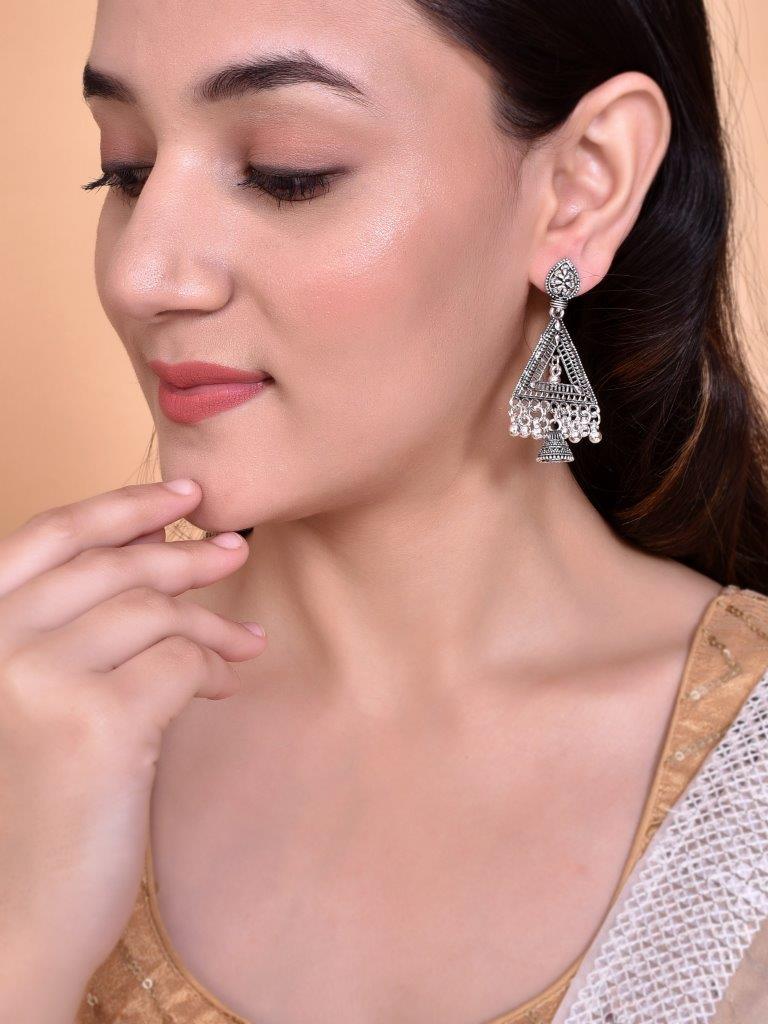 VOJ Studded Triangle Oxidised Silver Plated Contemporary Drop Earrings - Swadesiicart