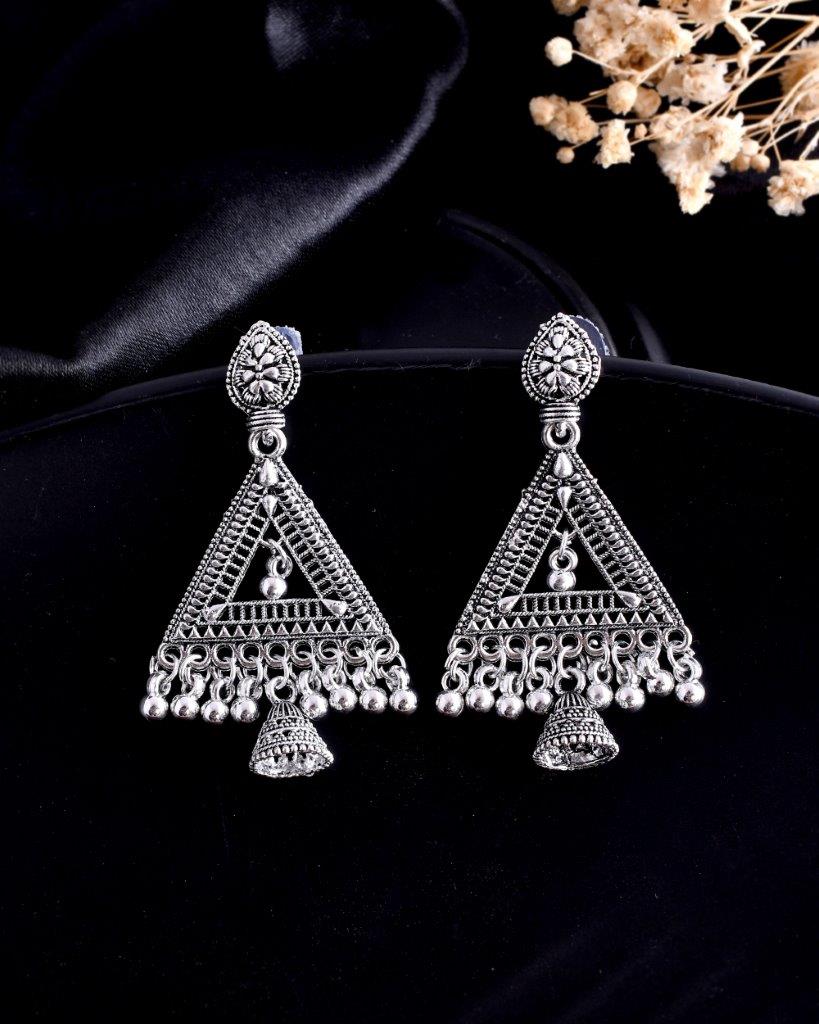 VOJ Studded Triangle Oxidised Silver Plated Contemporary Drop Earrings - Swadesiicart