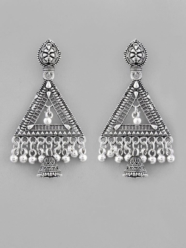 VOJ Studded Triangle Oxidised Silver Plated Contemporary Drop Earrings - Swadesiicart