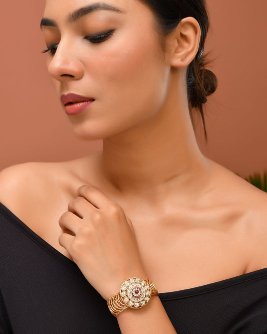 VOJ Stainless Steel Gold Polished Kundan Studded Wraparound Circular Bracelet - Swadesiicart