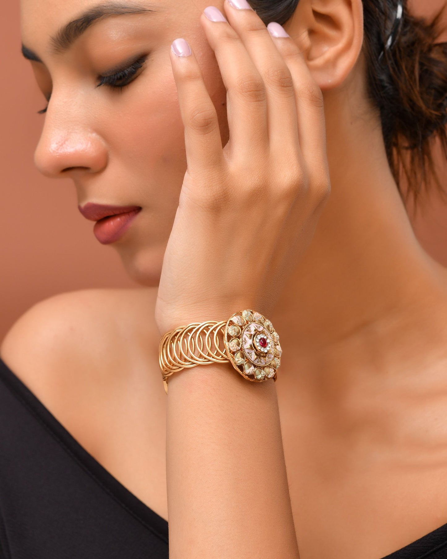 VOJ Stainless Steel Gold Polished Kundan Studded Wraparound Circular Bracelet - Swadesiicart