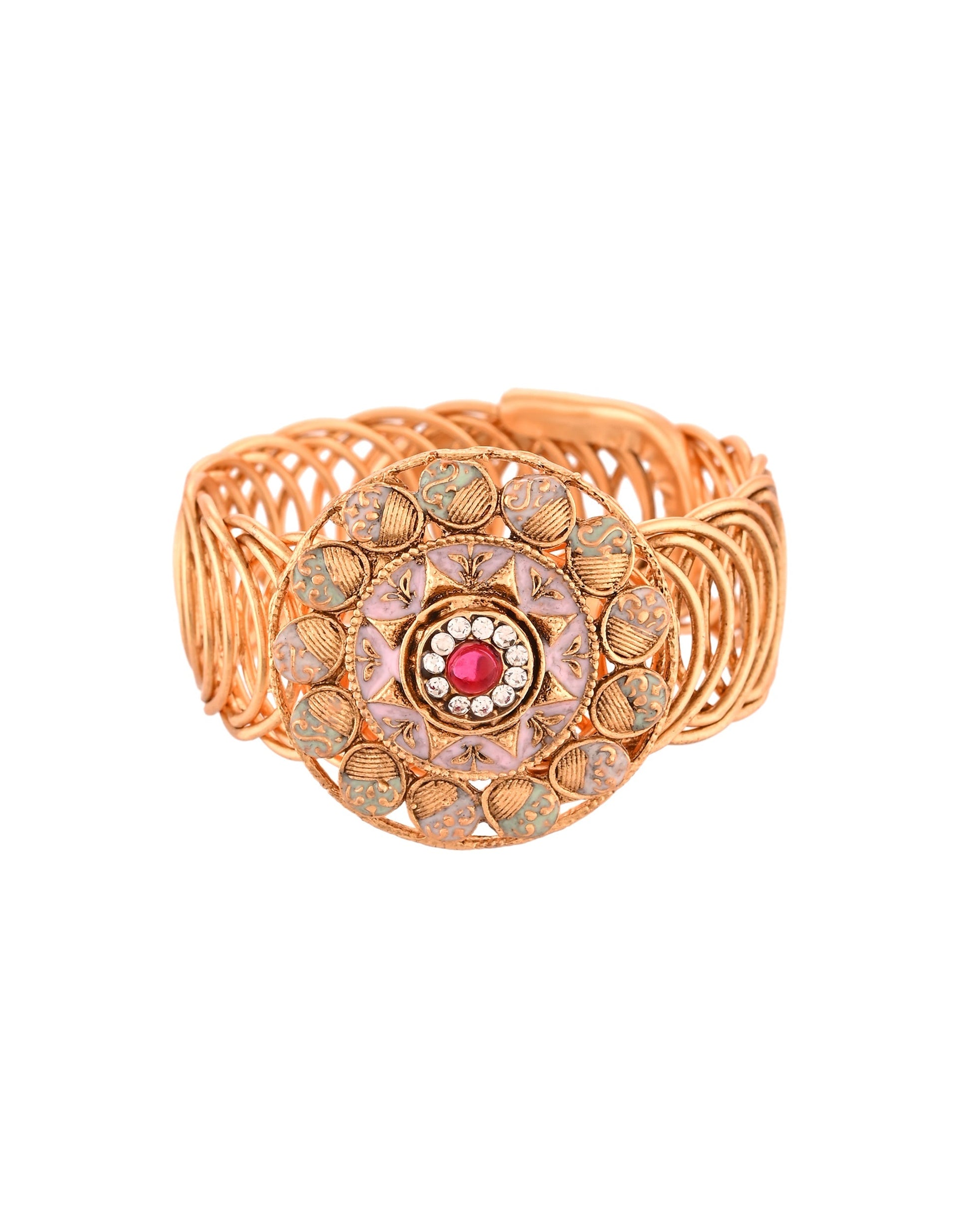 VOJ Stainless Steel Gold Polished Kundan Studded Wraparound Circular Bracelet - Swadesiicart
