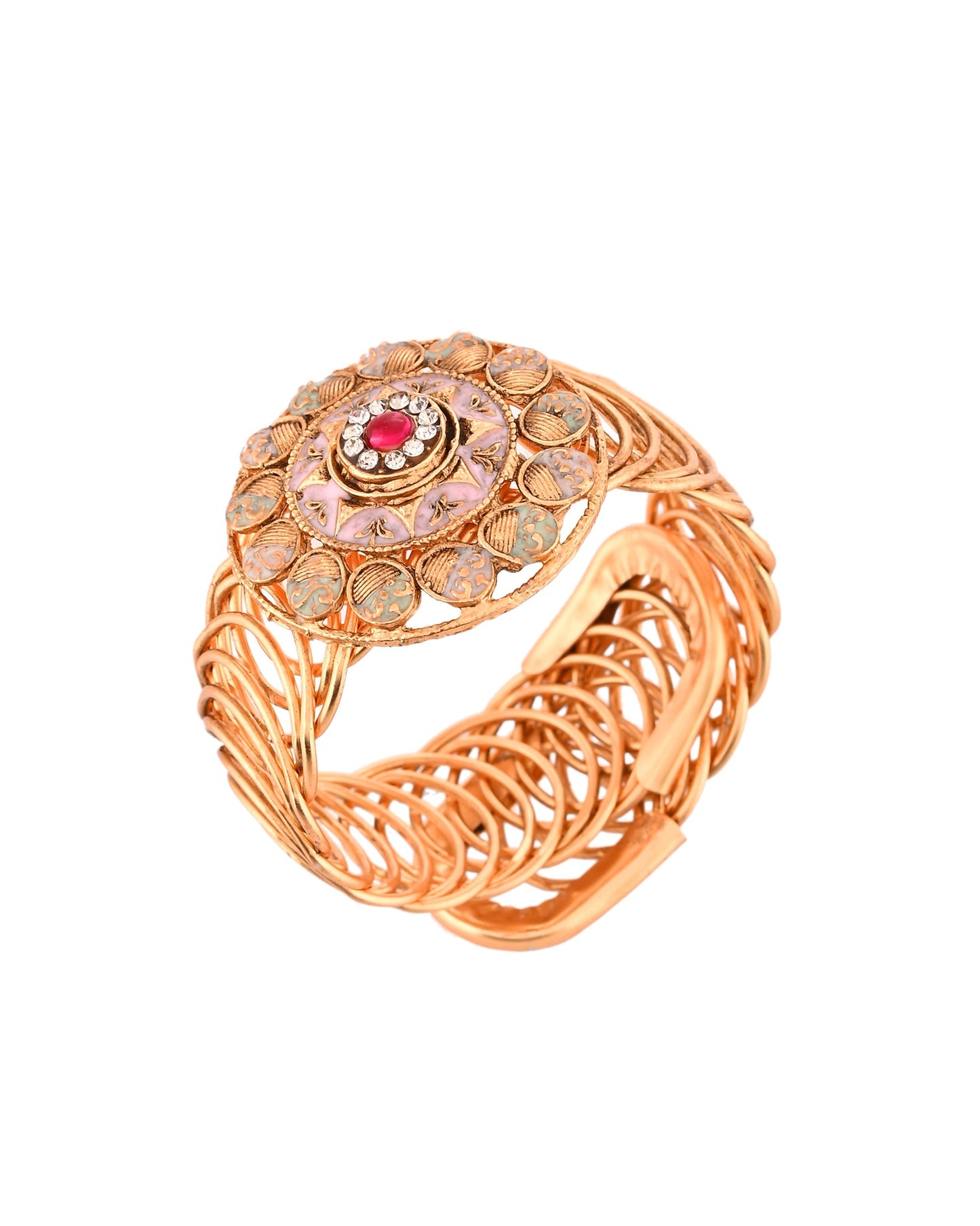 VOJ Stainless Steel Gold Polished Kundan Studded Wraparound Circular Bracelet - Swadesiicart