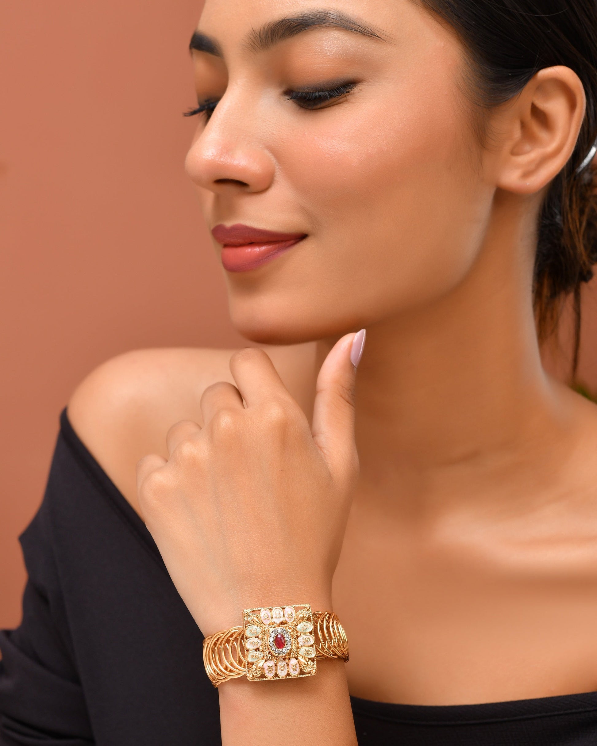 VOJ Stainless Steel Gold Polished Kundan Studded Wraparound Square Bracelet - Swadesiicart