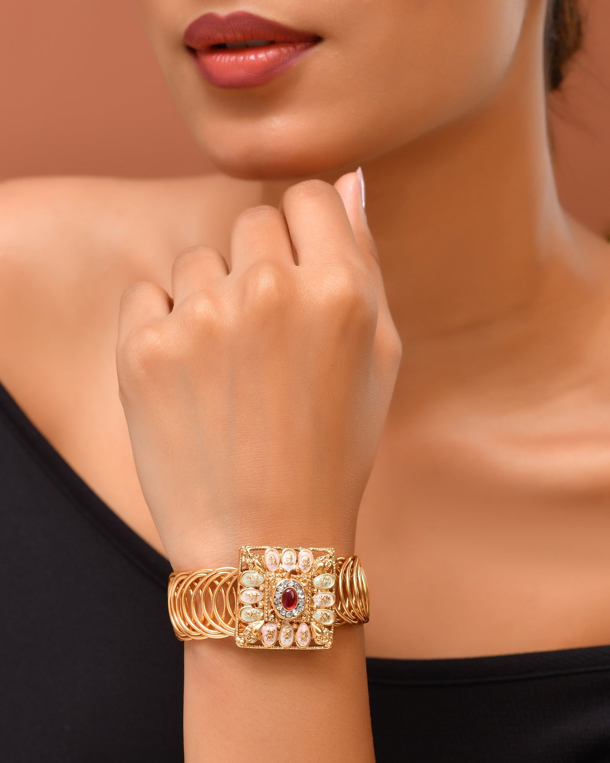 VOJ Stainless Steel Gold Polished Kundan Studded Wraparound Square Bracelet - Swadesiicart