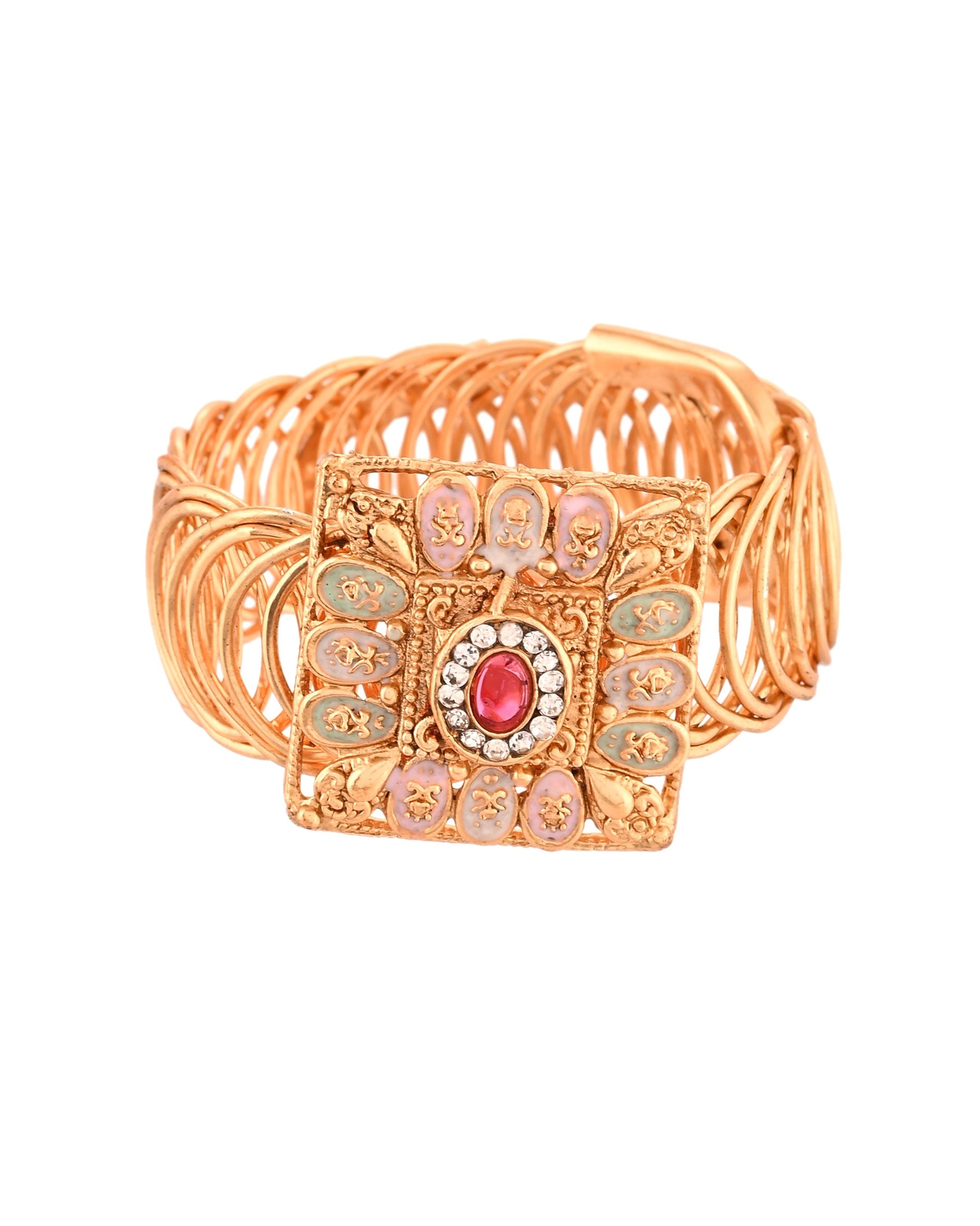 VOJ Stainless Steel Gold Polished Kundan Studded Wraparound Square Bracelet - Swadesiicart