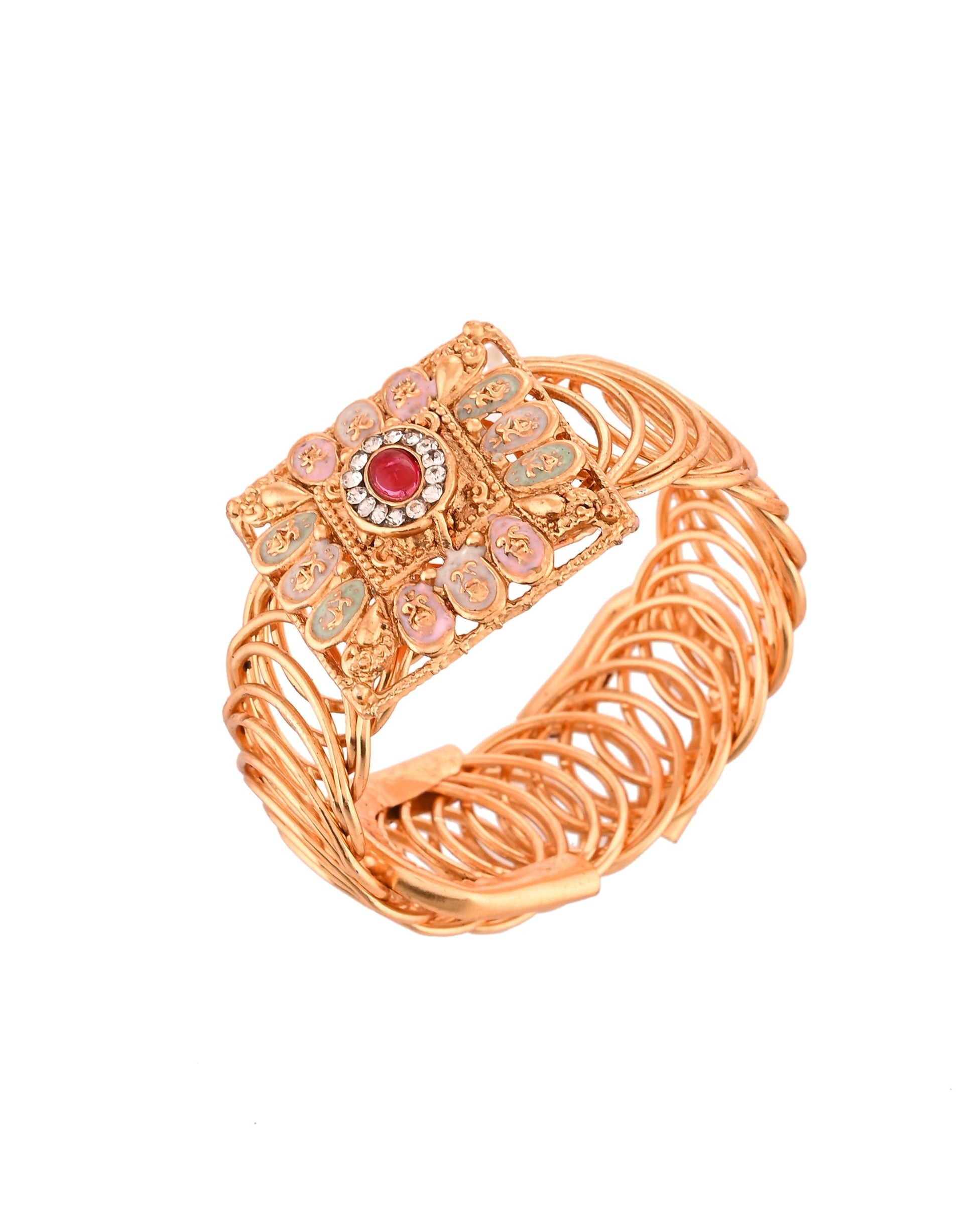 VOJ Stainless Steel Gold Polished Kundan Studded Wraparound Square Bracelet - Swadesiicart