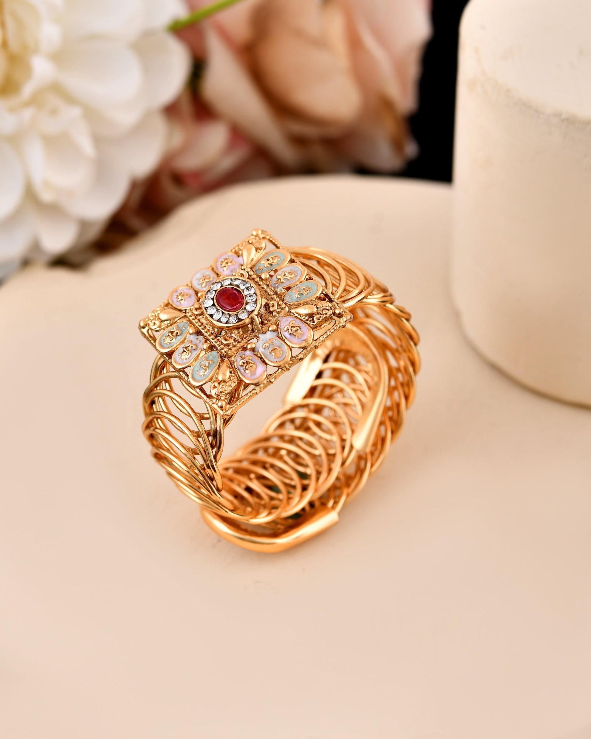VOJ Stainless Steel Gold Polished Kundan Studded Wraparound Square Bracelet - Swadesiicart