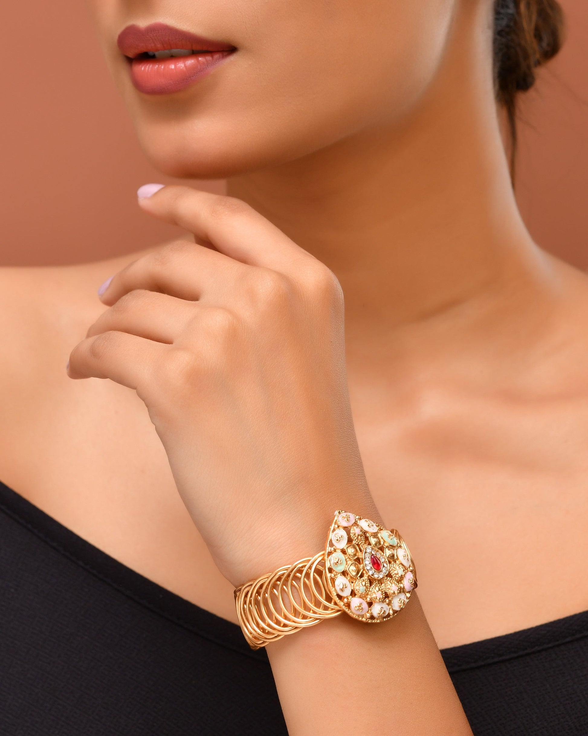 VOJ Stainless Steel Gold Polished Kundan Studded Wraparound Bracelet - Swadesiicart