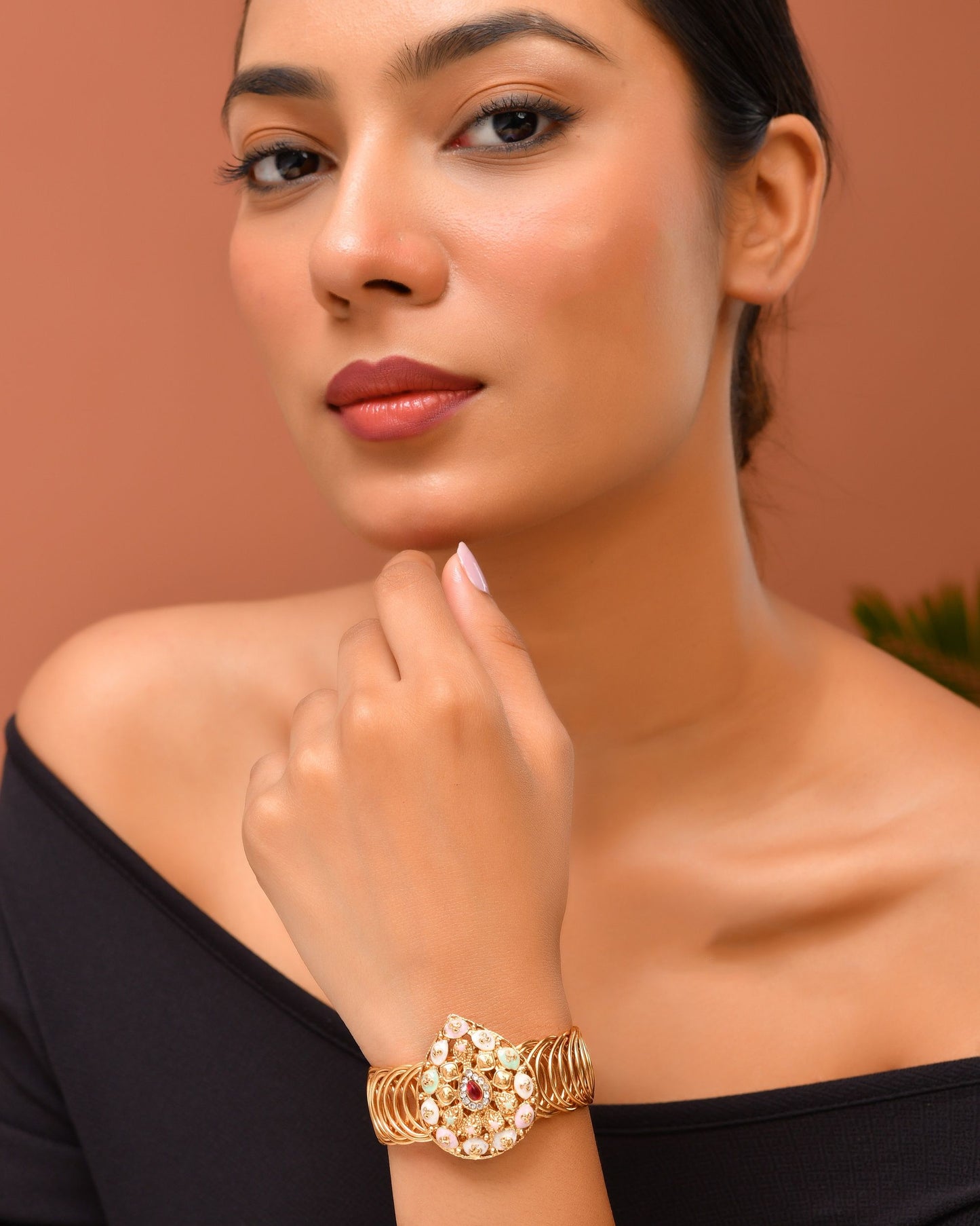 VOJ Stainless Steel Gold Polished Kundan Studded Wraparound Bracelet - Swadesiicart