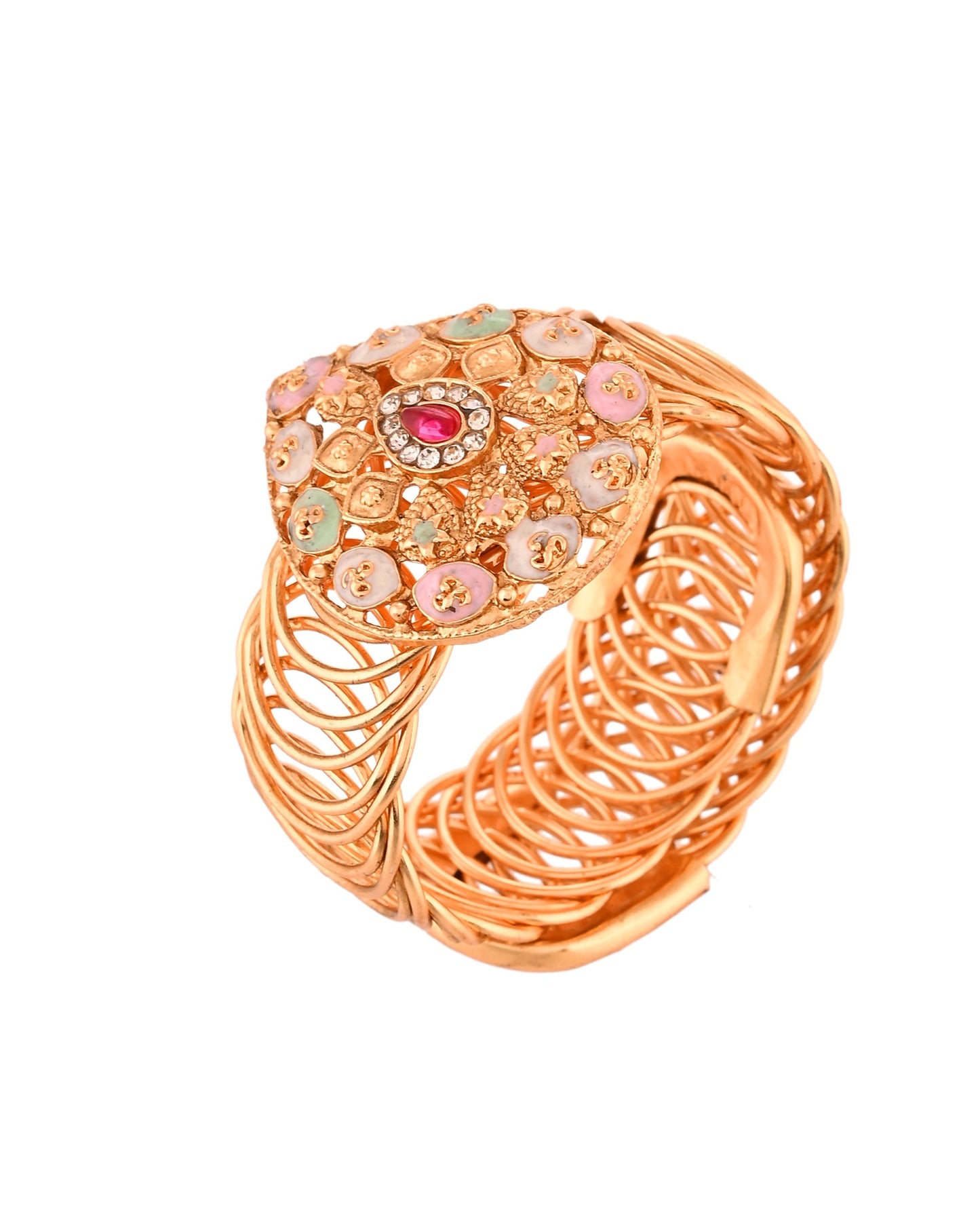 VOJ Stainless Steel Gold Polished Kundan Studded Wraparound Bracelet - Swadesiicart