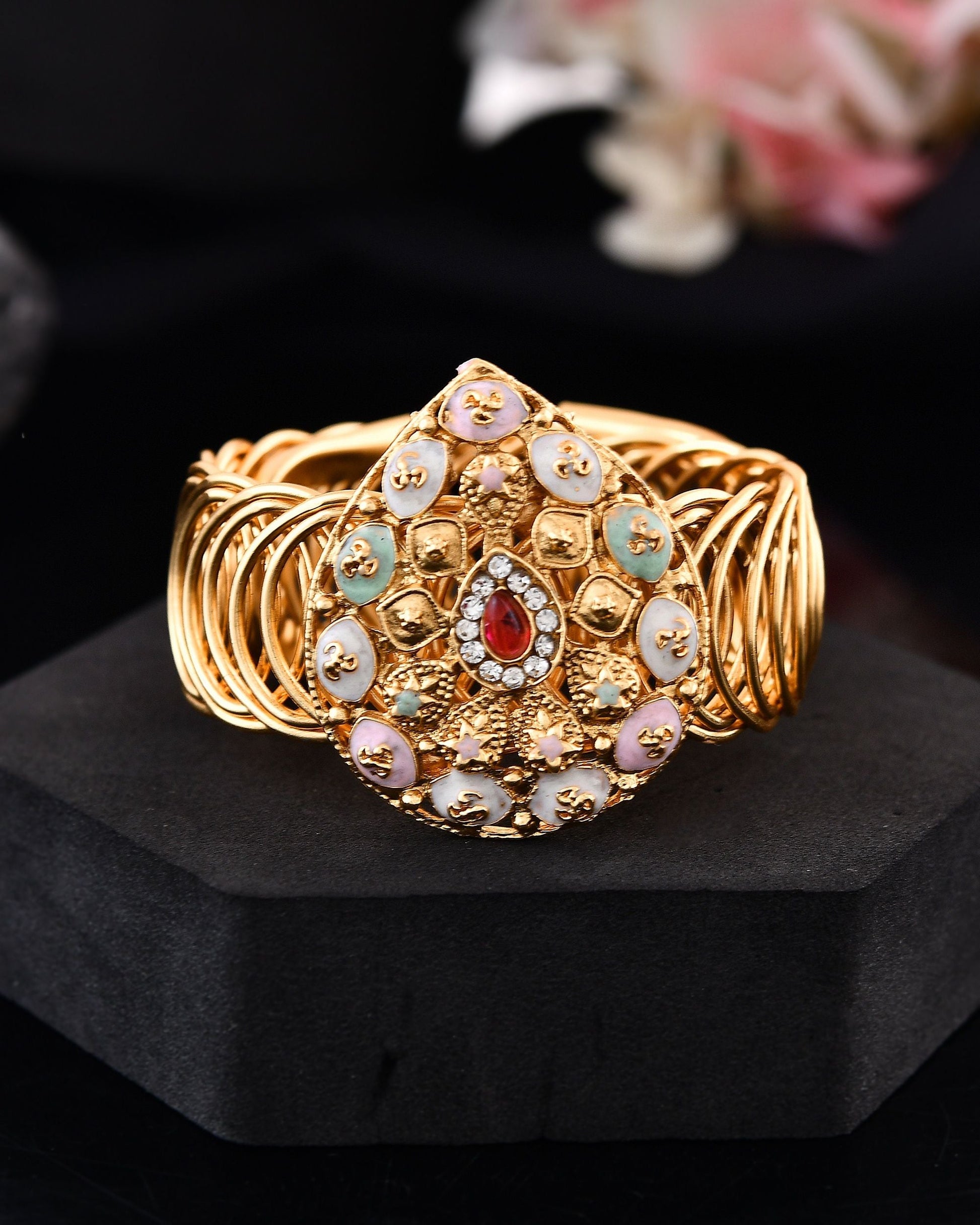 VOJ Stainless Steel Gold Polished Kundan Studded Wraparound Bracelet - Swadesiicart