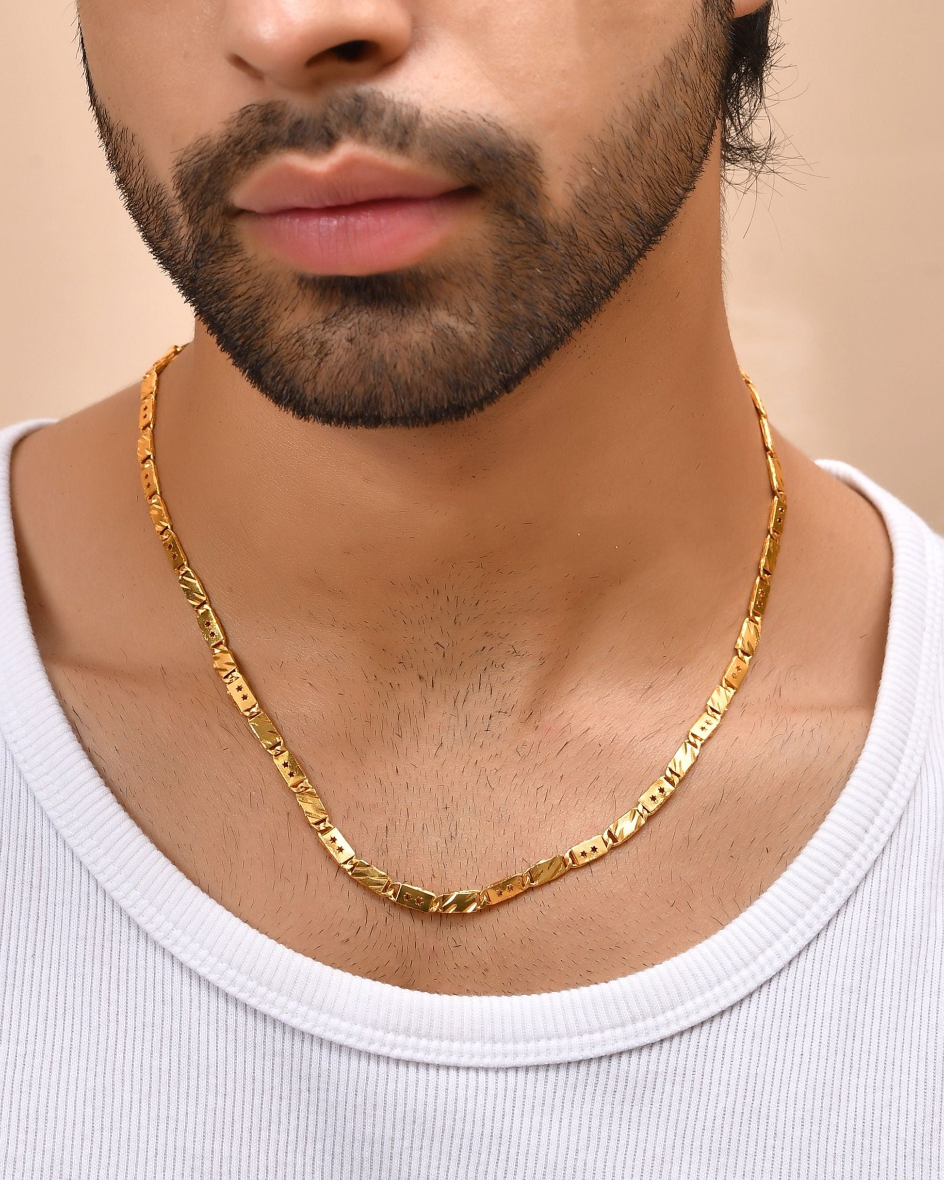 VOJ Men's Gold Polished Stainless Steel With Hand Crafted Design Biscuit Chain - Swadesiicart