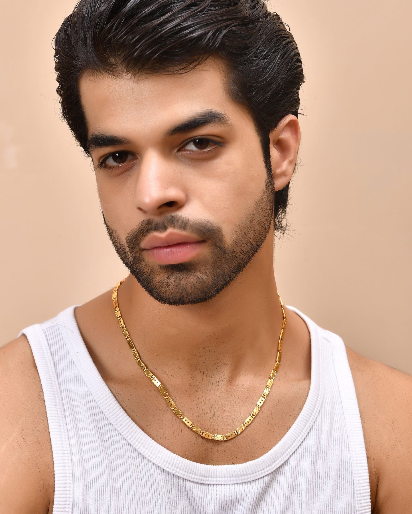 VOJ Men's Gold Polished Stainless Steel With Hand Crafted Design Biscuit Chain - Swadesiicart