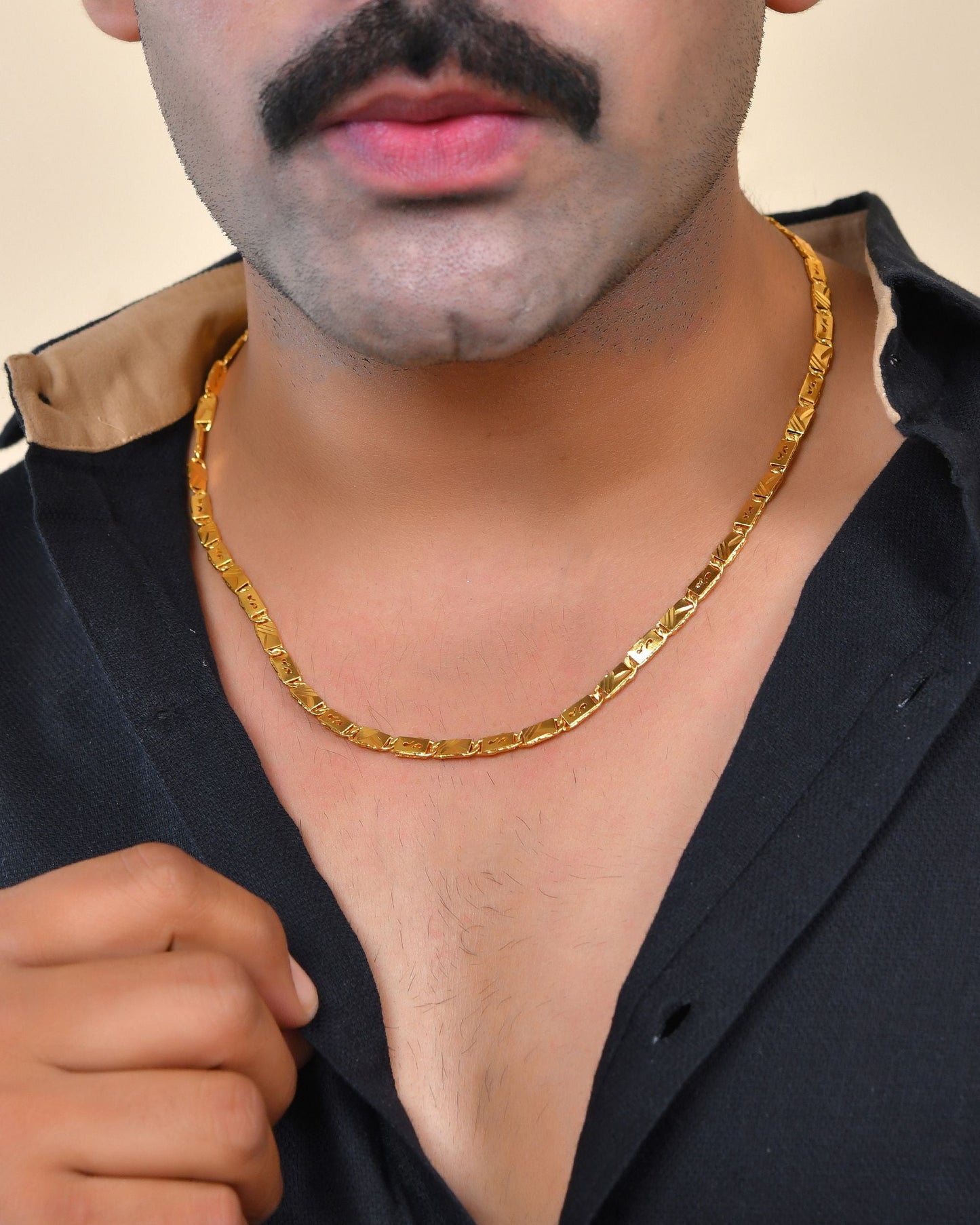 VOJ Men's Gold Polished Stainless Steel Biscuit Chain With Hand Crafted Design - Swadesiicart
