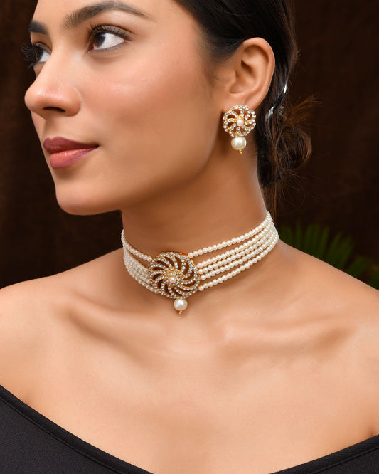 VOJ Gold Polished Stone And Pearl Studded Traditional Chokar Set - Swadesiicart