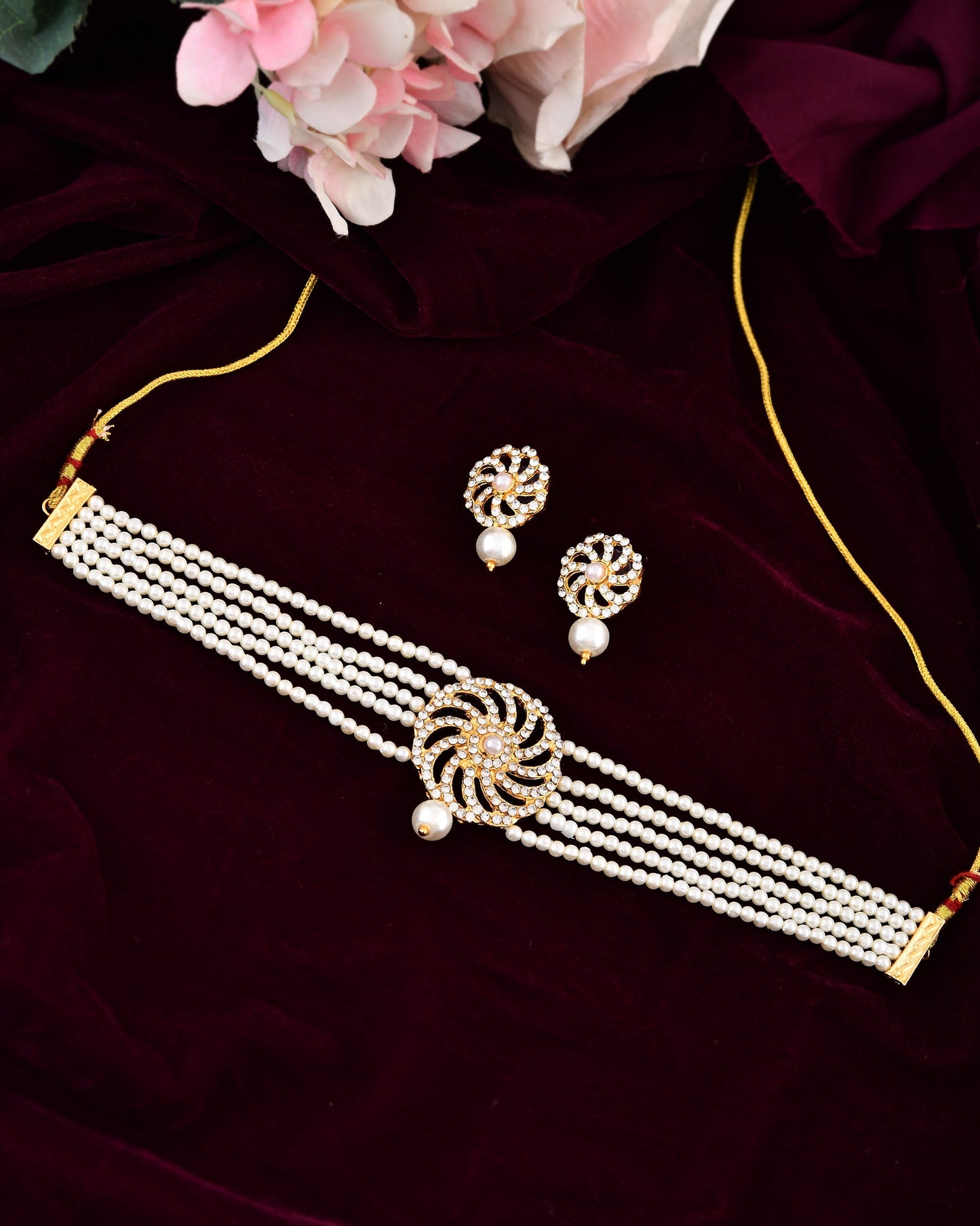 VOJ Gold Polished Stone And Pearl Studded Traditional Chokar Set - Swadesiicart