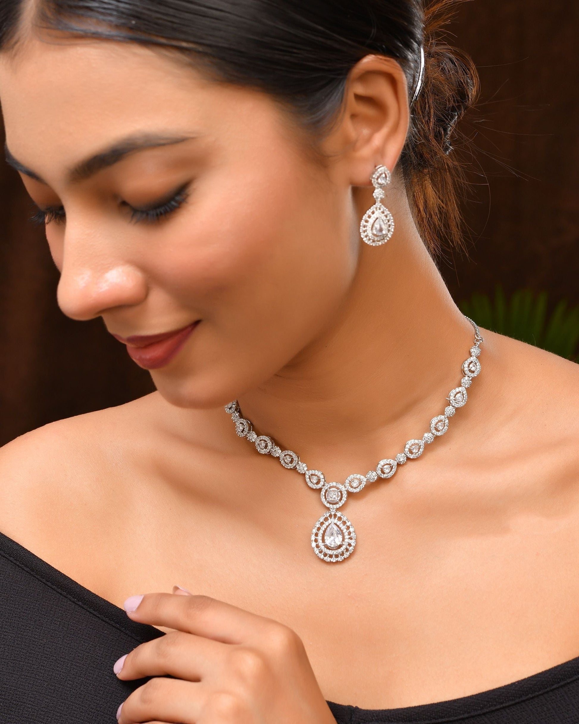VOJ Silver Plated AD Stone Studded Elegant Necklace And Earrings Set - Swadesiicart