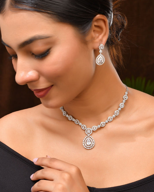 VOJ Silver Plated AD Stone Studded Elegant Necklace And Earrings Set - Swadesiicart