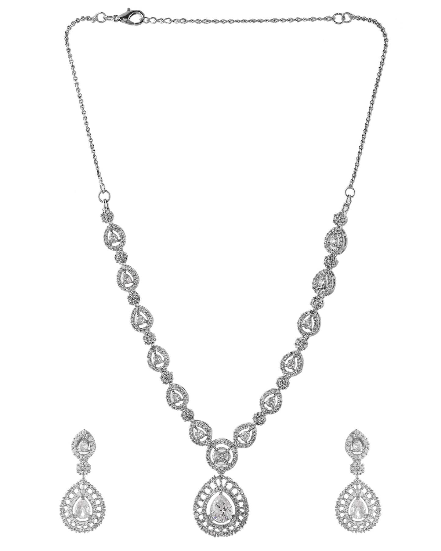 VOJ Silver Plated AD Stone Studded Elegant Necklace And Earrings Set - Swadesiicart