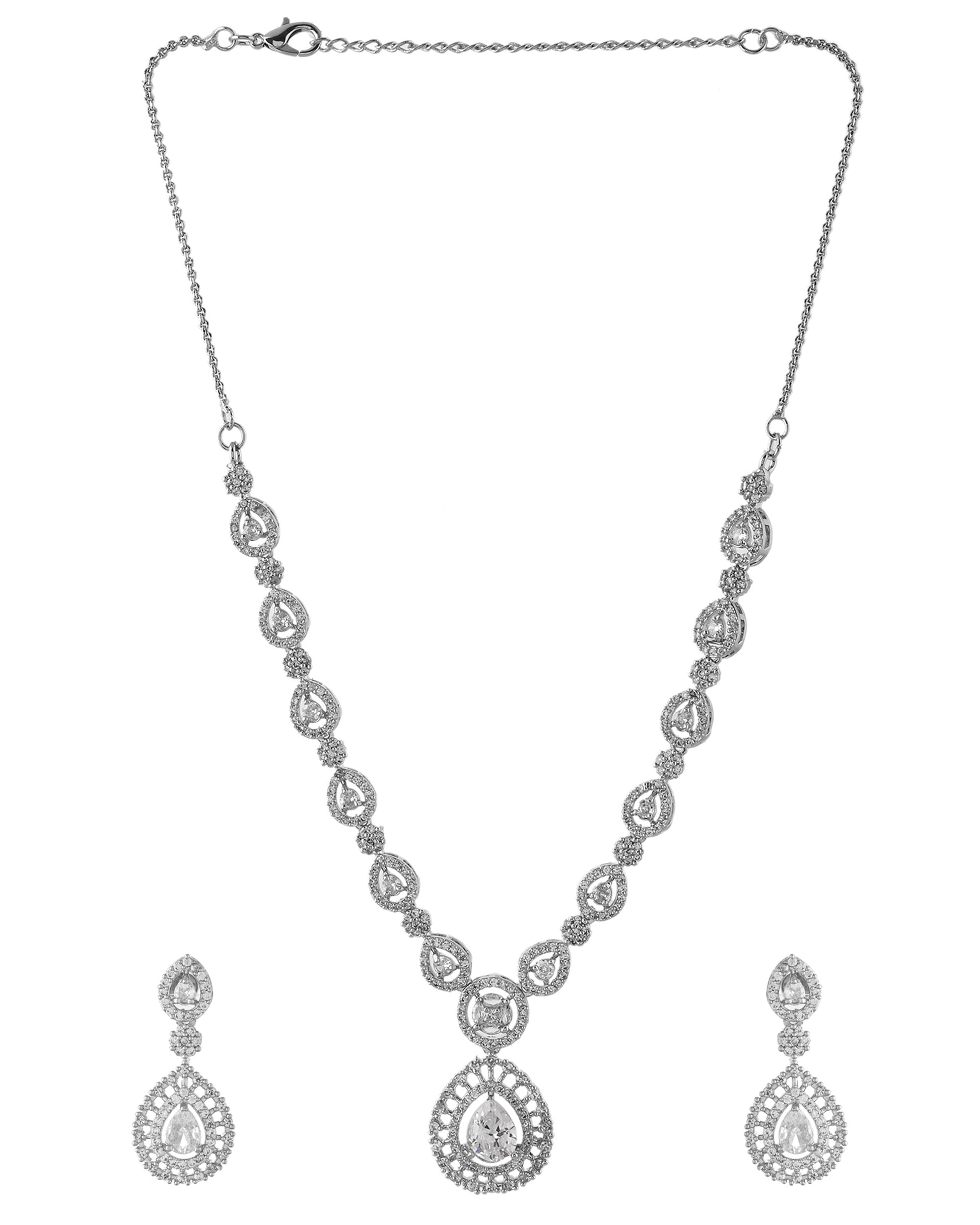VOJ Silver Plated AD Stone Studded Elegant Necklace And Earrings Set - Swadesiicart