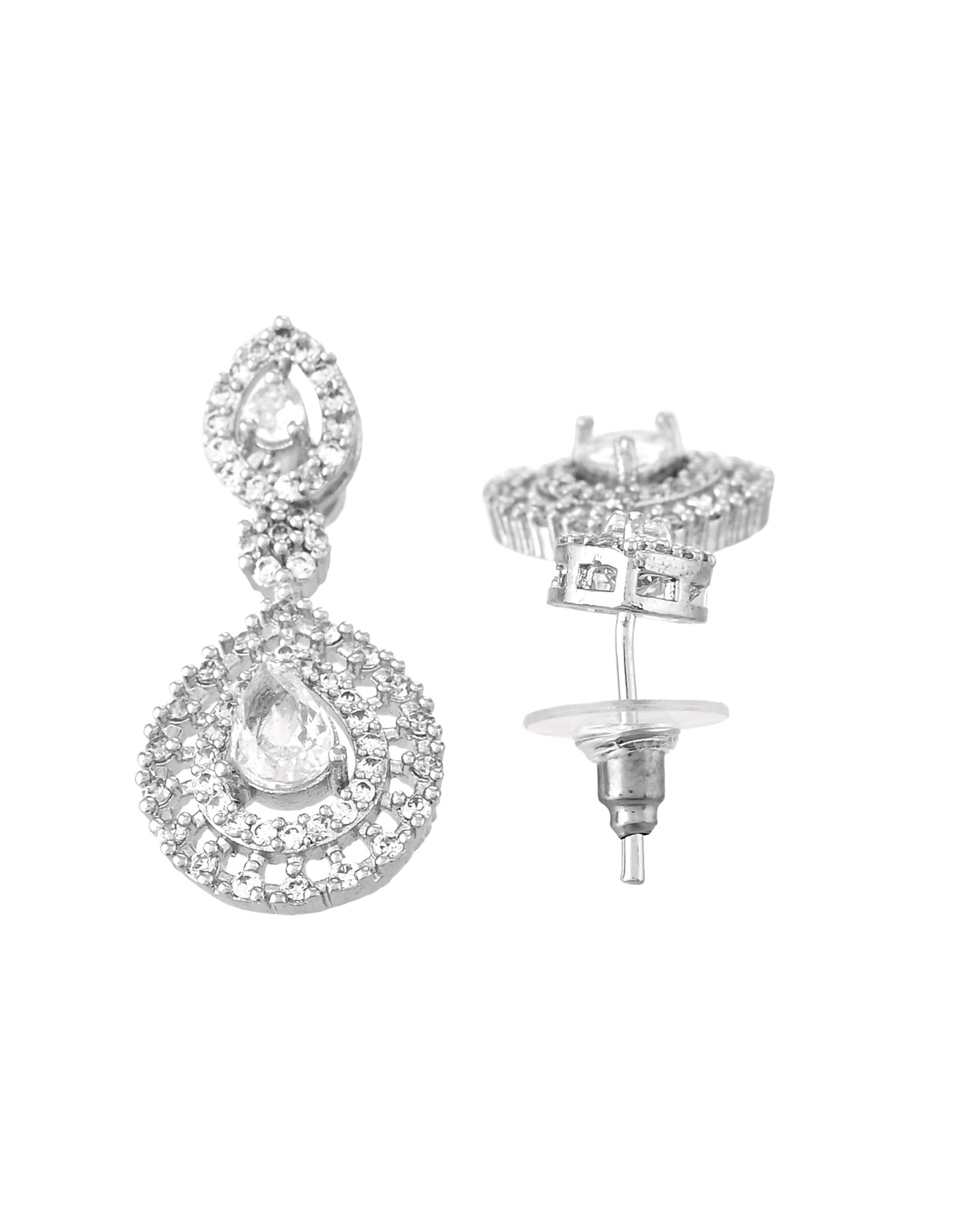 VOJ Silver Plated AD Stone Studded Elegant Necklace And Earrings Set - Swadesiicart