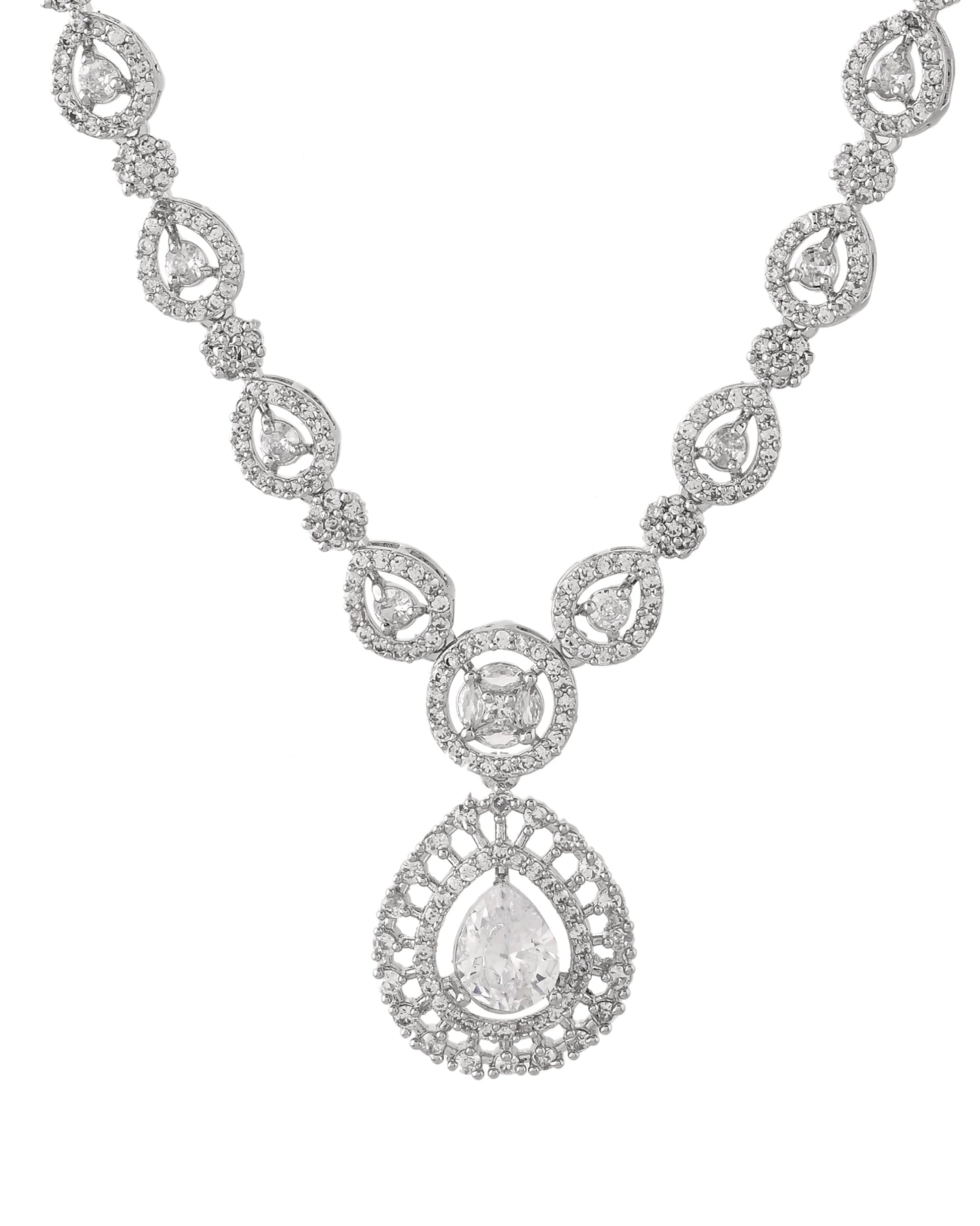 VOJ Silver Plated AD Stone Studded Elegant Necklace And Earrings Set - Swadesiicart