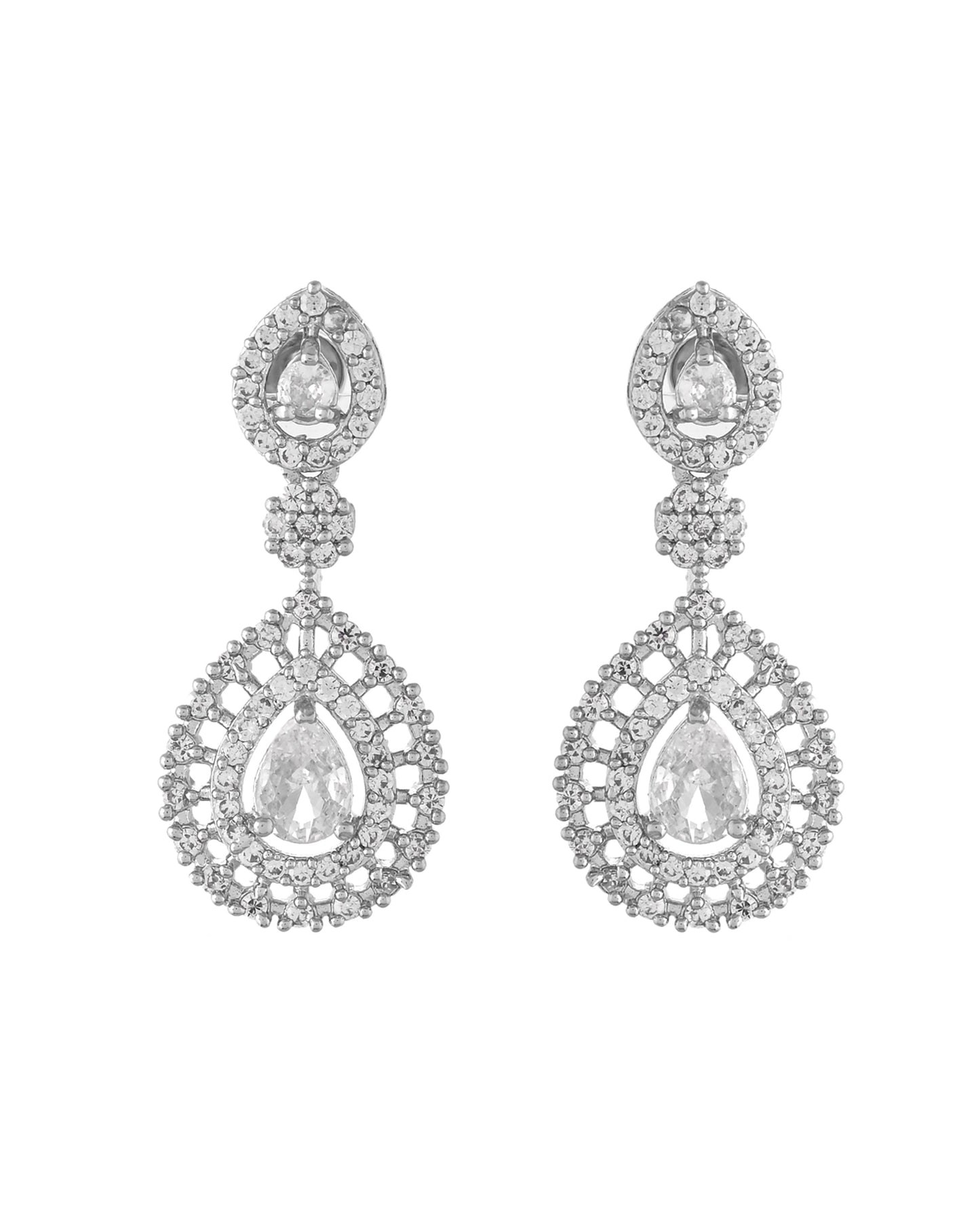 VOJ Silver Plated AD Stone Studded Elegant Necklace And Earrings Set - Swadesiicart