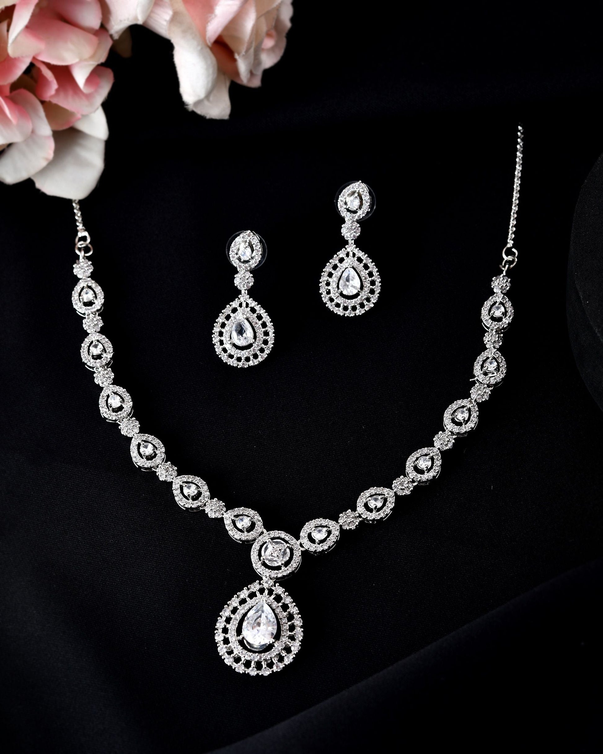 VOJ Silver Plated AD Stone Studded Elegant Necklace And Earrings Set - Swadesiicart