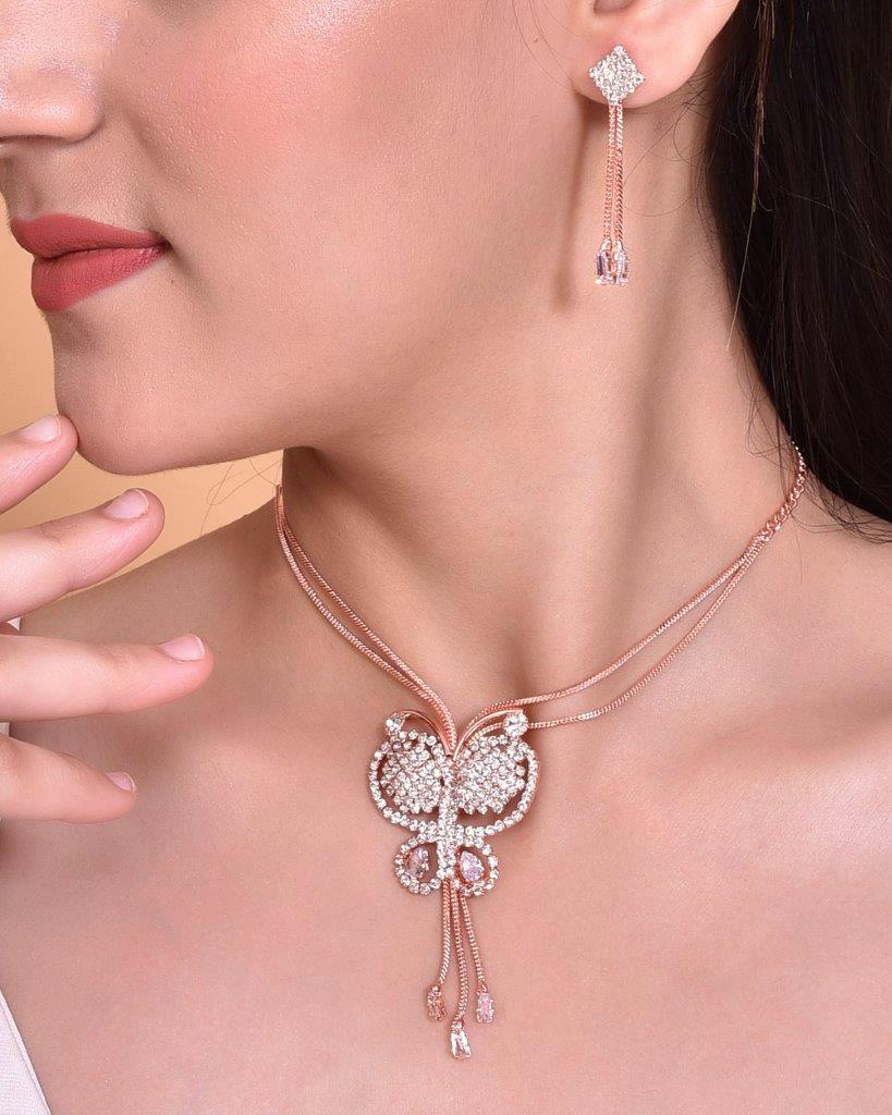 VOJ Rose Gold-Polished Butterfly Design Pendant Set - VOJ (Valley Of Jewellery)