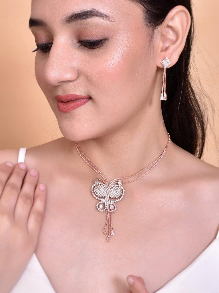 VOJ Rose Gold-Polished Butterfly Design Pendant Set - Swadesiicart