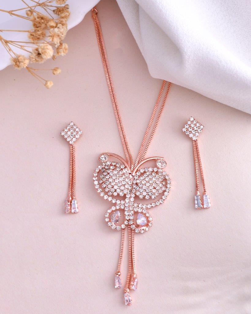 VOJ Rose Gold-Polished Butterfly Design Pendant Set - Swadesiicart
