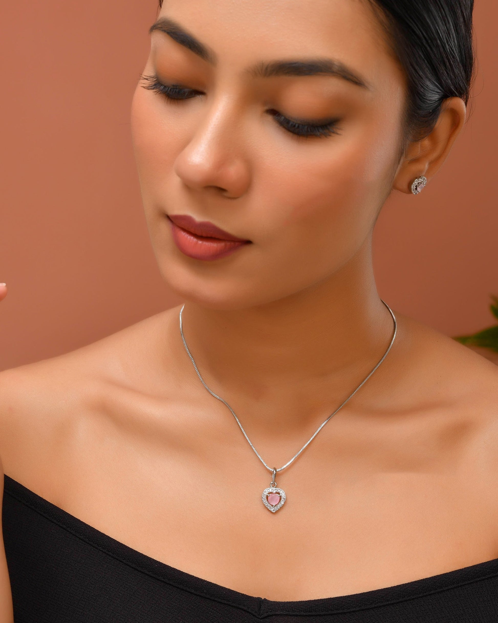 VOJ Silver Plated Baby Pink Stone Studded Heart Shaped Chain Set - Swadesiicart