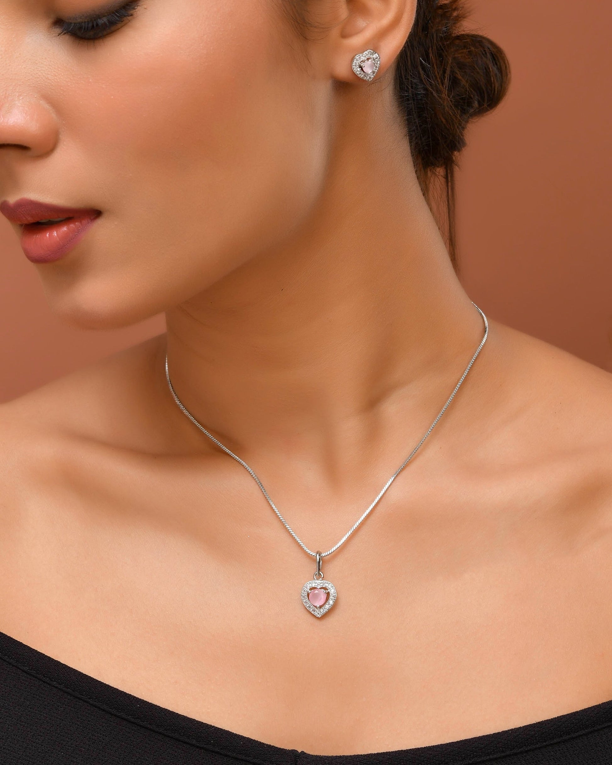 VOJ Silver Plated Baby Pink Stone Studded Heart Shaped Chain Set - Swadesiicart